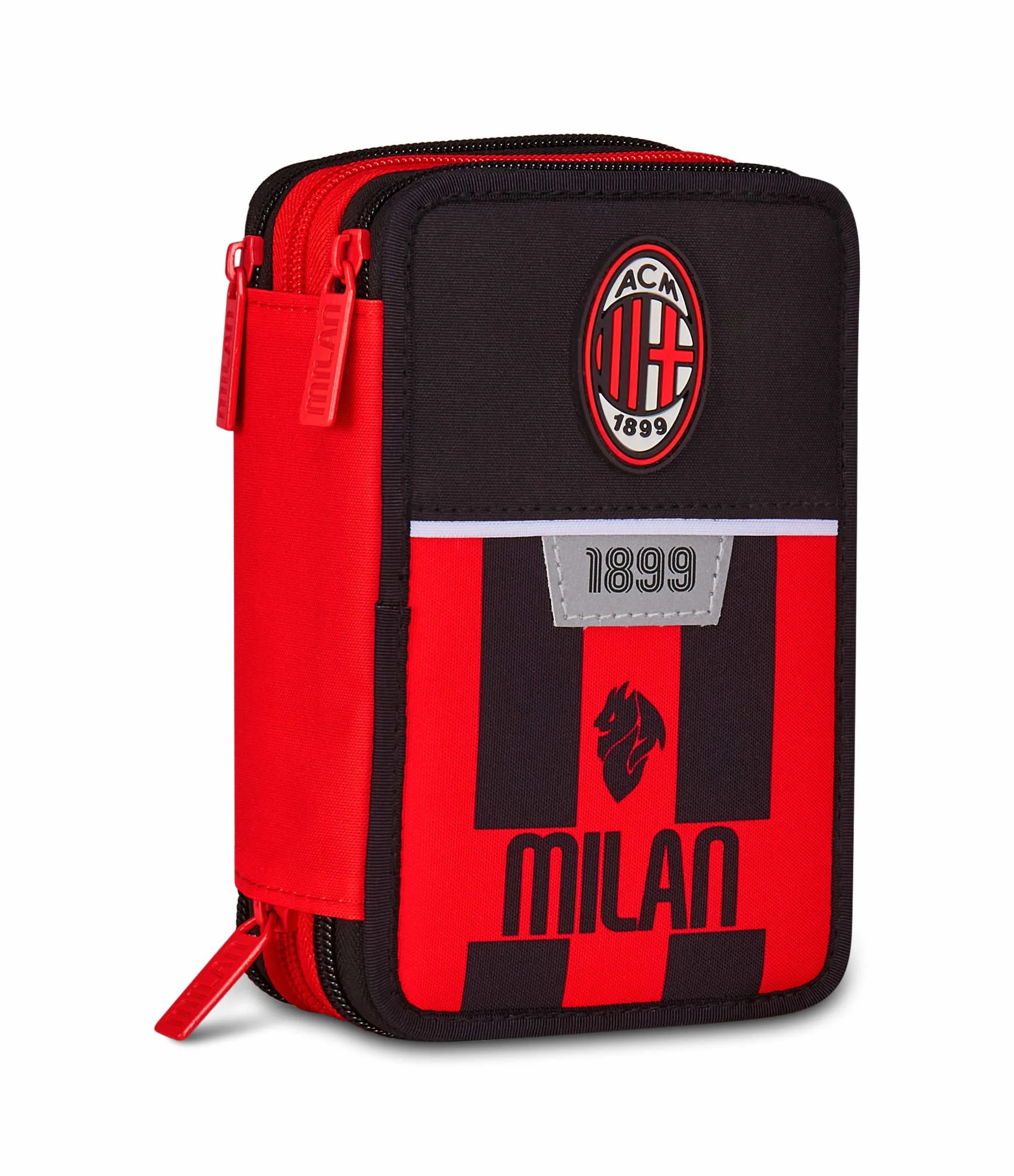 Seven Milan Piórnik szkolny z 3 zamkami błyskawicznymi, czarny, potrójny pojemnik na długopisy w komplecie z długopisami, ołówkami, kolorami, akcesoriami do plecaka, szkoły podstawowej, dzieci w piłce