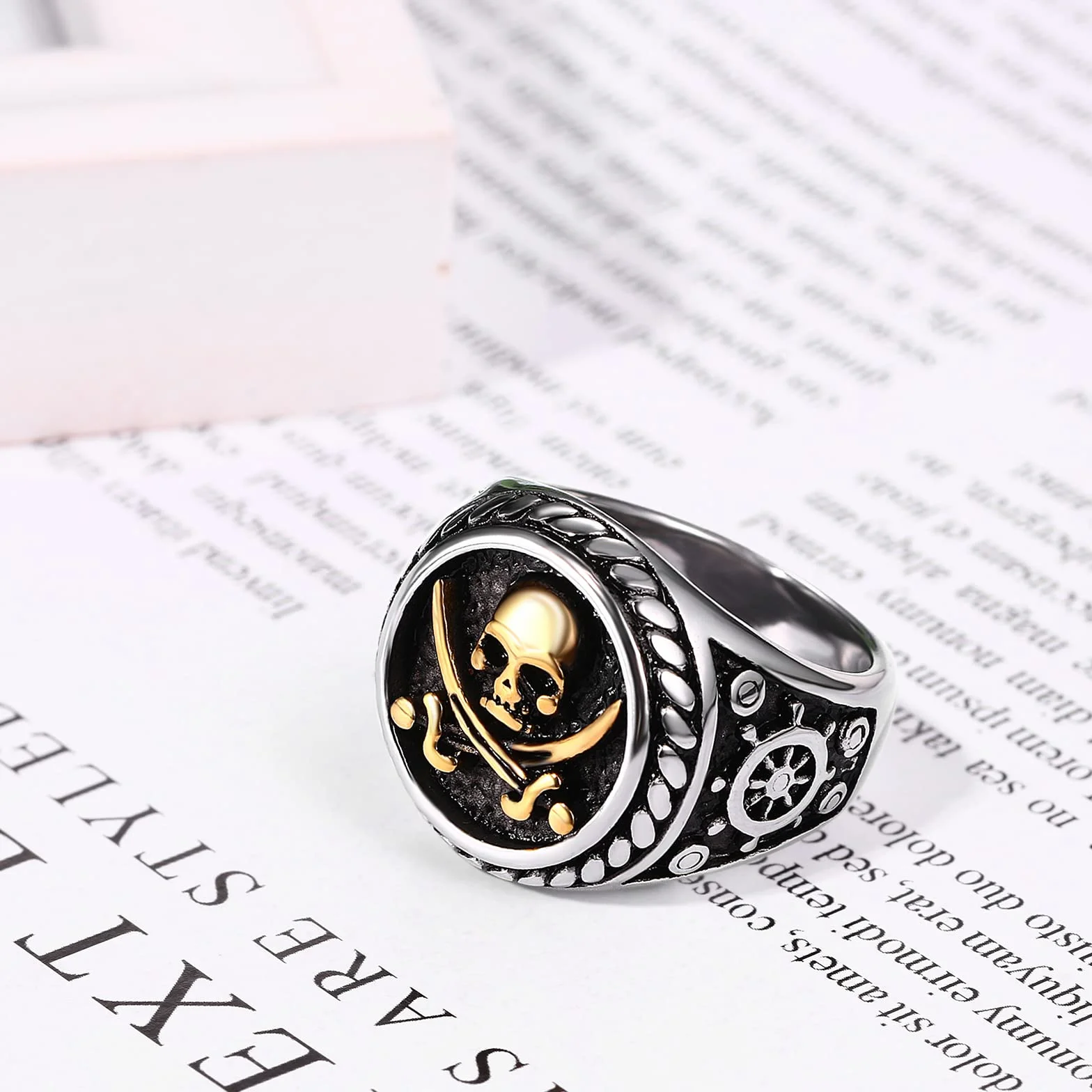 JewelryWe Męskie pierścienie z czaszką vintage fajny punkowy nóż piracki śmierć rowerzysta pierścionki opaska na Halloween przyjęcie koktajlowe