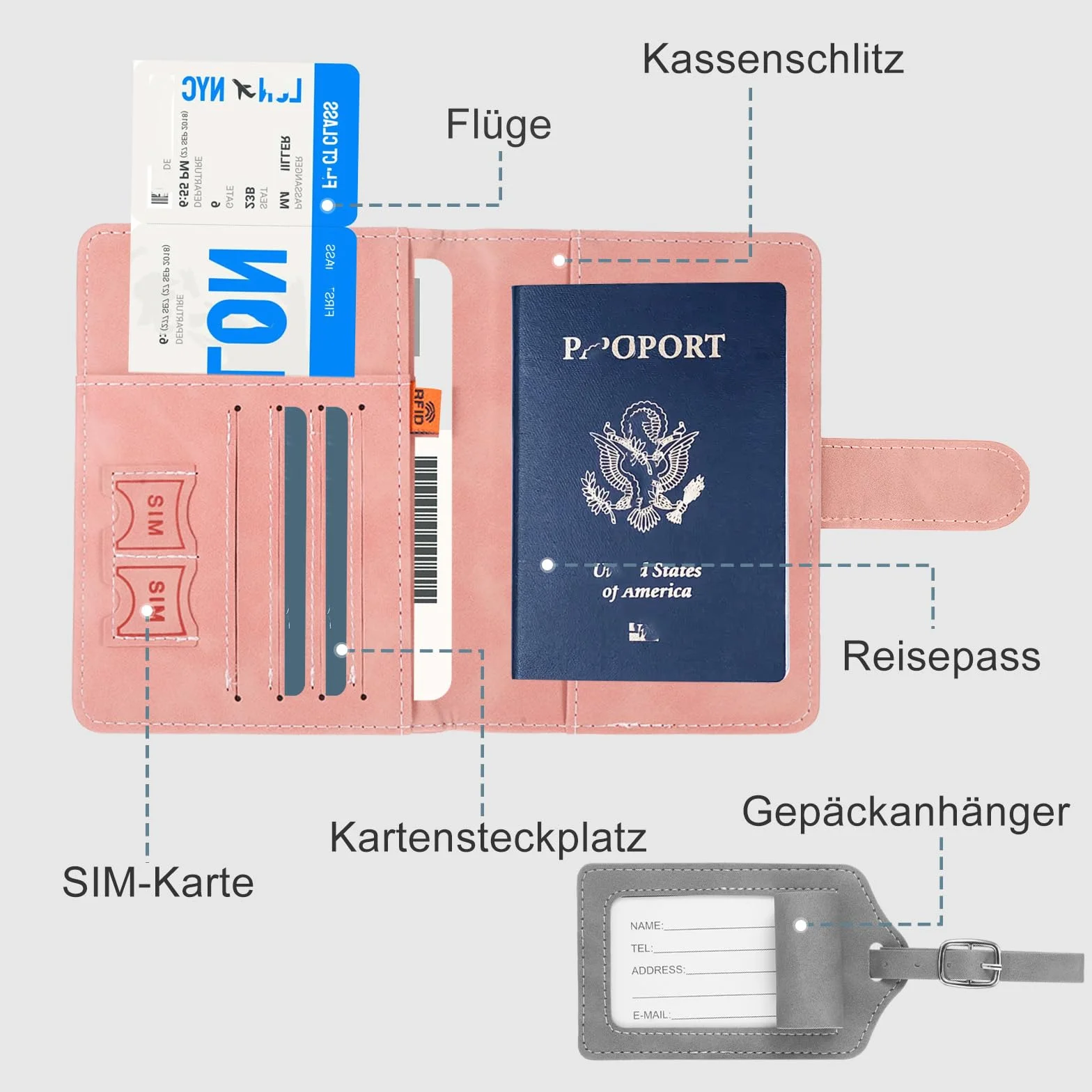Etui na paszport Holder z zawieszką do walizki, etui na paszport 11 x 15 cm/4,33 x 5,91 cala skóra PU Blokada RFID do dokumentów podróżnych, szary + różowy., 11x15cm/4.33x5.91inch, Klasyczny