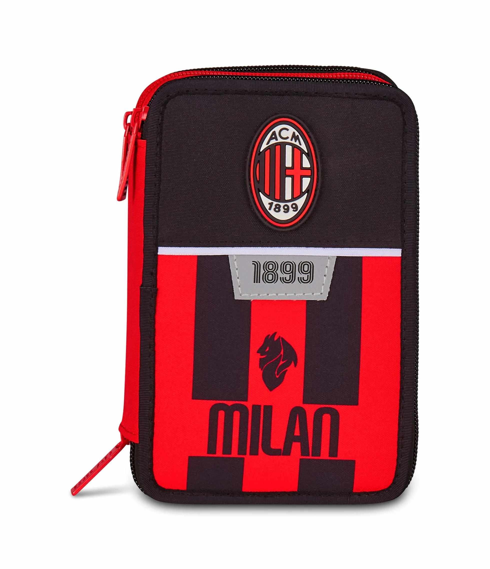 Seven Milan Piórnik szkolny z 3 zamkami błyskawicznymi, czarny, potrójny pojemnik na długopisy w komplecie z długopisami, ołówkami, kolorami, akcesoriami do plecaka, szkoły podstawowej, dzieci w piłce