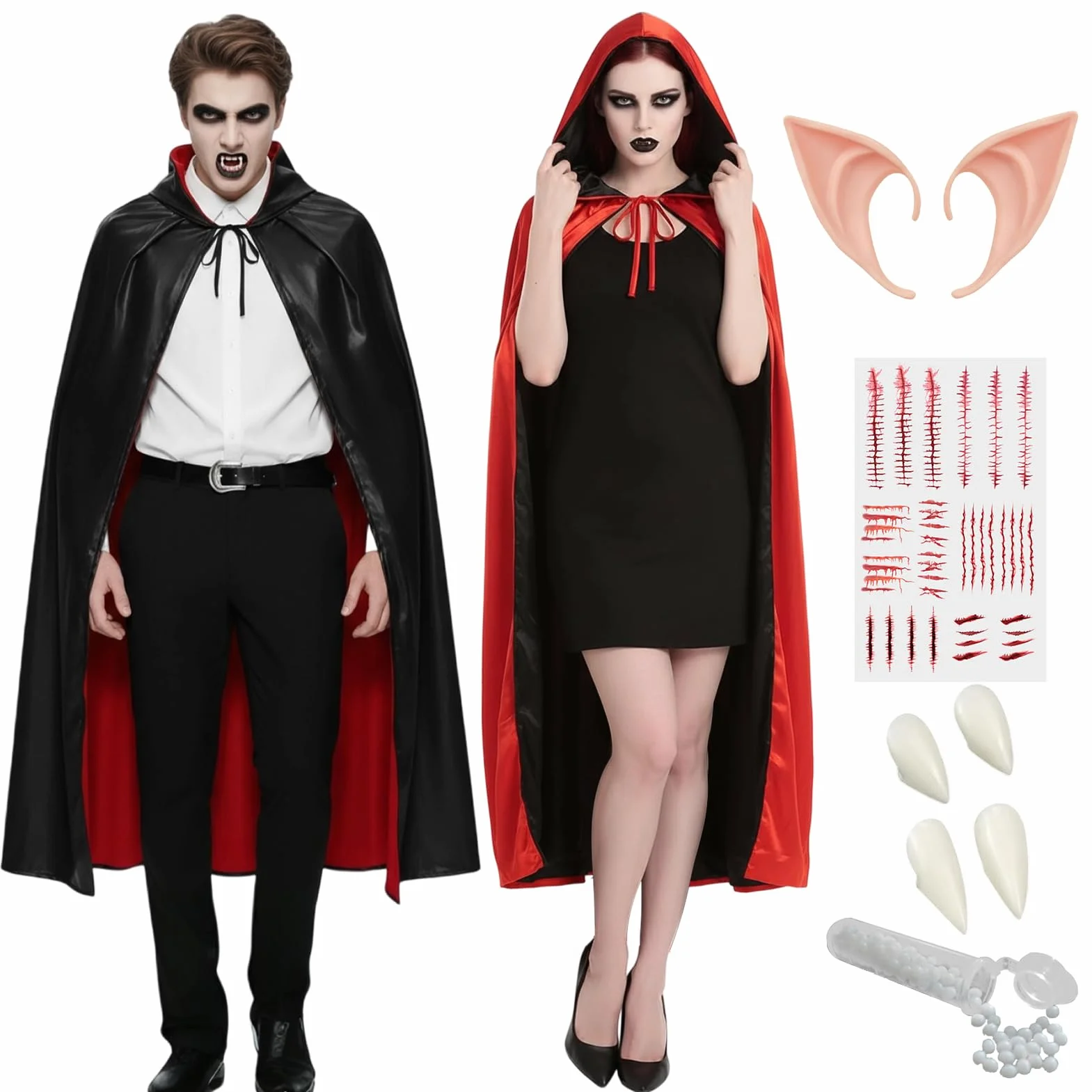 Peleryny wampirów na Halloween, dla dorosłych, płaszcz wampira, dla kobiet, mężczyzn, unisex, odwracalna bluza z kapturem z wampirami, sztuczne zęby, kostiumy czarownicy na Halloween, fantazyjny