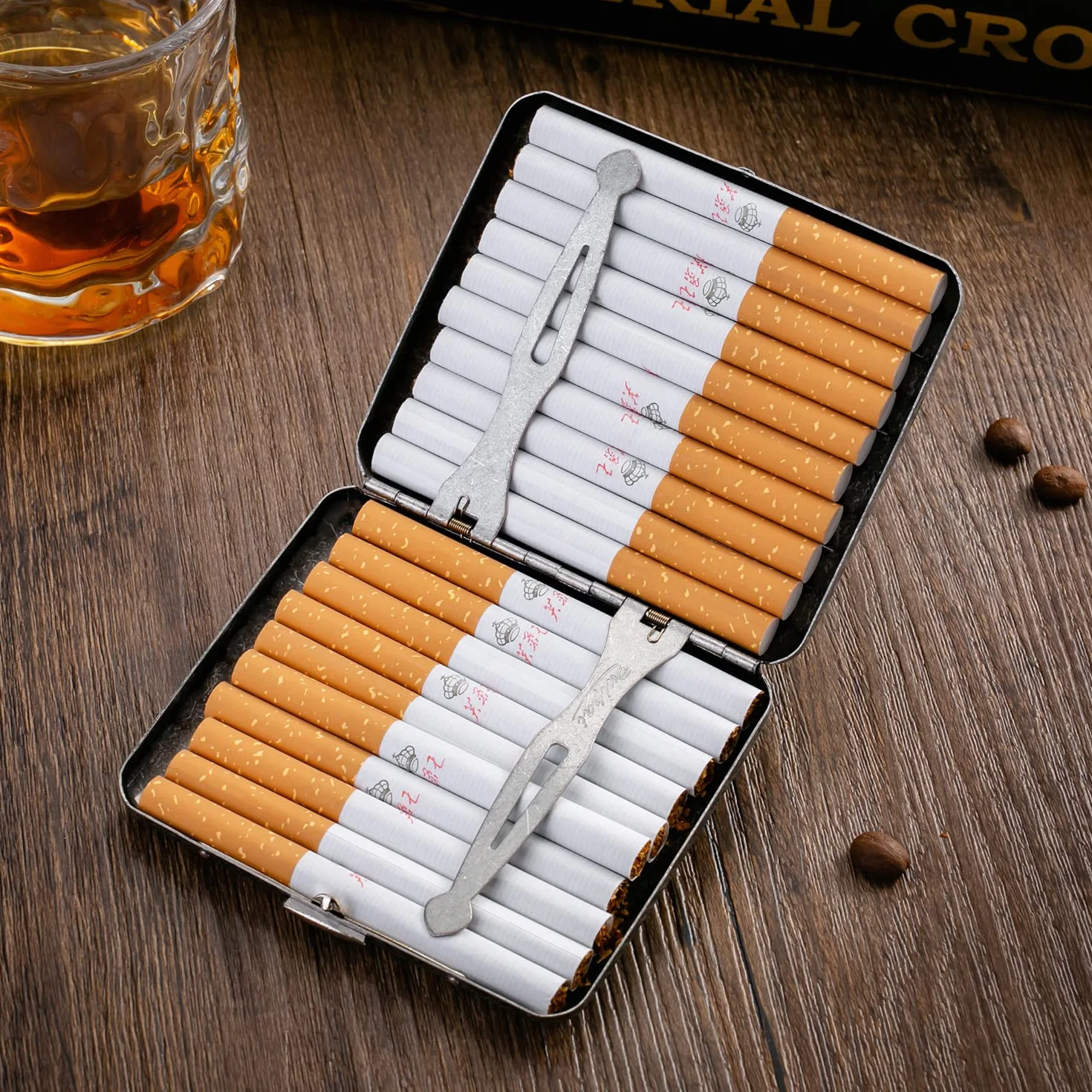 Papierośnica w stylu vintage, srebrna, męska, metalowa, z pudełkiem na prezent, w stylu retro, dla mężczyzn i kobiet, antyczna papierośnica, 20 papierosów, ze stali nierdzewnej, dla mężczyzn i kobiet