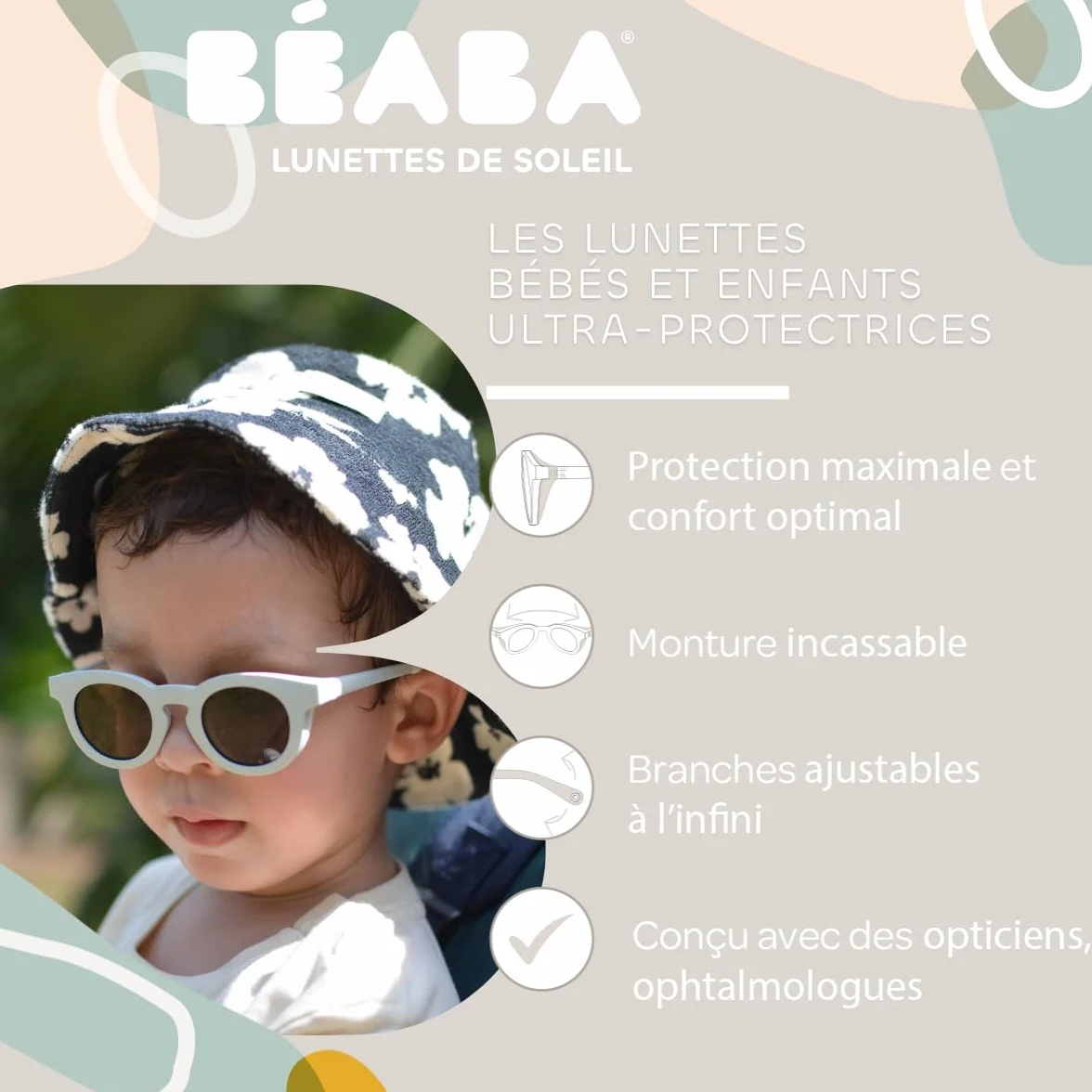 BÉABA, Okulary przeciwsłoneczne dla niemowląt, 9-24 miesięcy, 100% ochrona przed promieniowaniem UV, CAT 3, ochrona boczna, optymalny komfort, regulowane gałązki 360°, dostosowane do wzroku, kolekcja