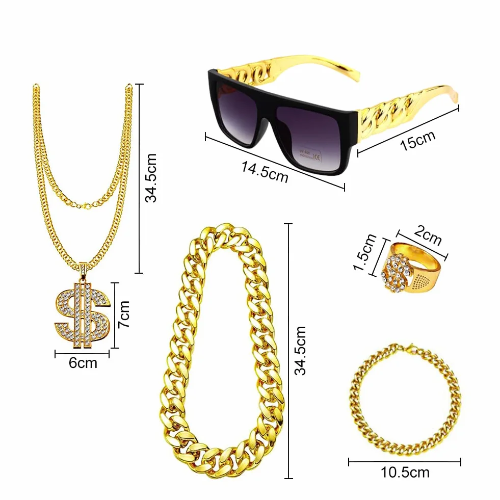 CEWROM Zestaw kostiumowy hip-hopowy, 4 sztuki, strój męski w stylu lat 80-tych XX wieku, akcesoria rapera, znak dolara, złoty łańcuszek, okulary przeciwsłoneczne, złoty pierścionek hipisowski
