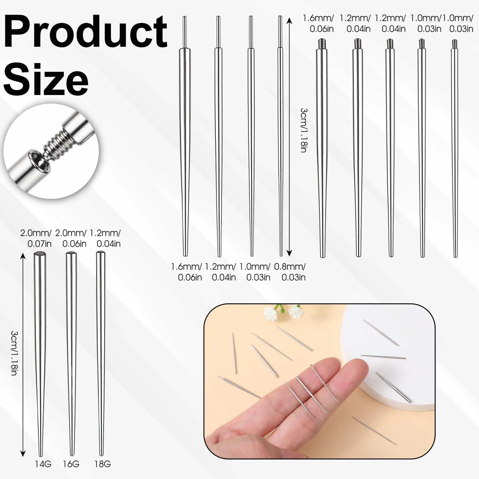Tucnoeu 12 szt., stożek do piercingu ze stali nierdzewnej, 14G, 16G, 18G, 20G, zestaw narzędzi do zmiany nosa, uszu, pępka, warg, brwi