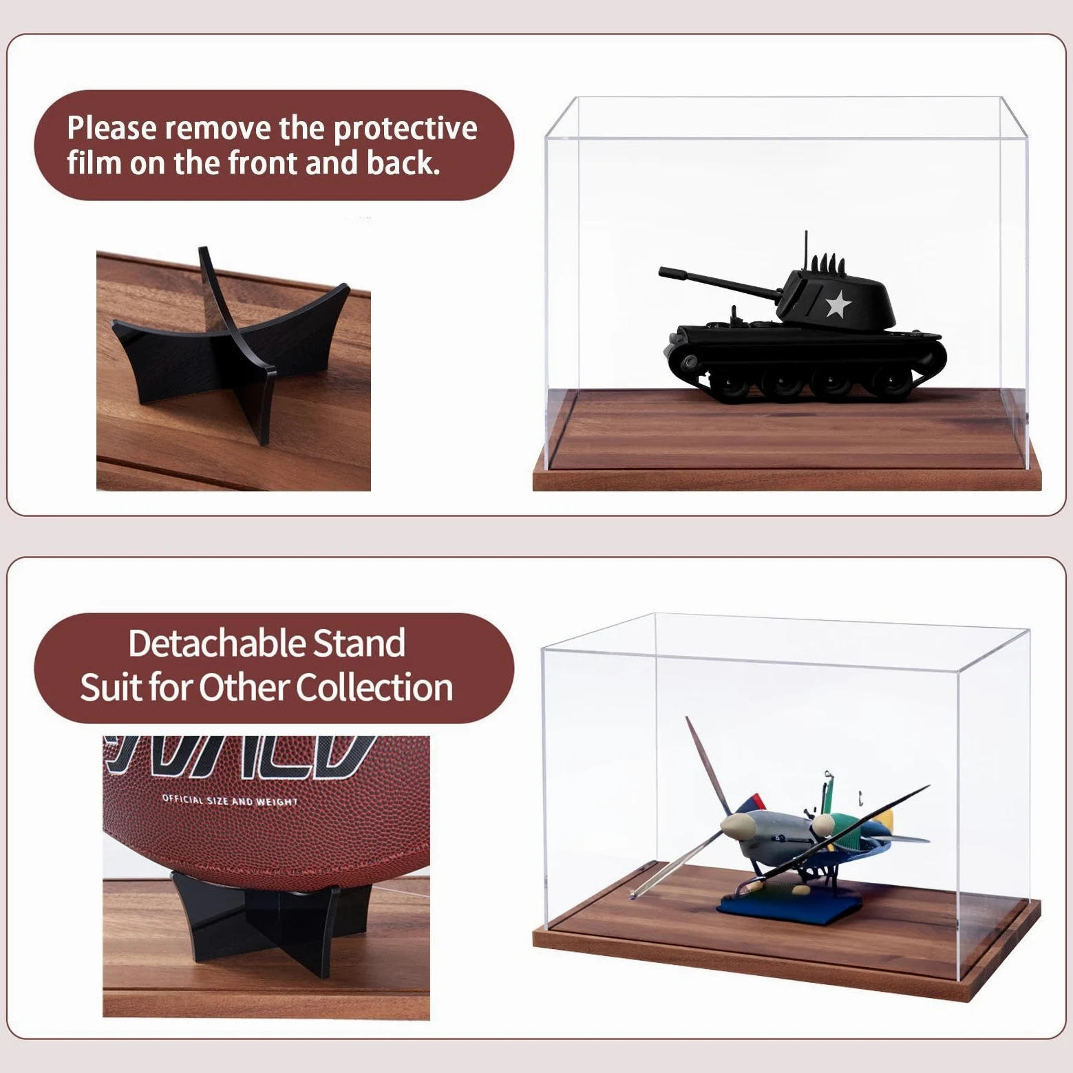 Przezroczysta gablota ekspozycyjna 30 x 21 x 18 cm Podstawa drewniana | Przezroczysty pojemnik na kolekcje na piłki lalki pamiątki figurki akcji statuetki, biurko salon dom przechowy