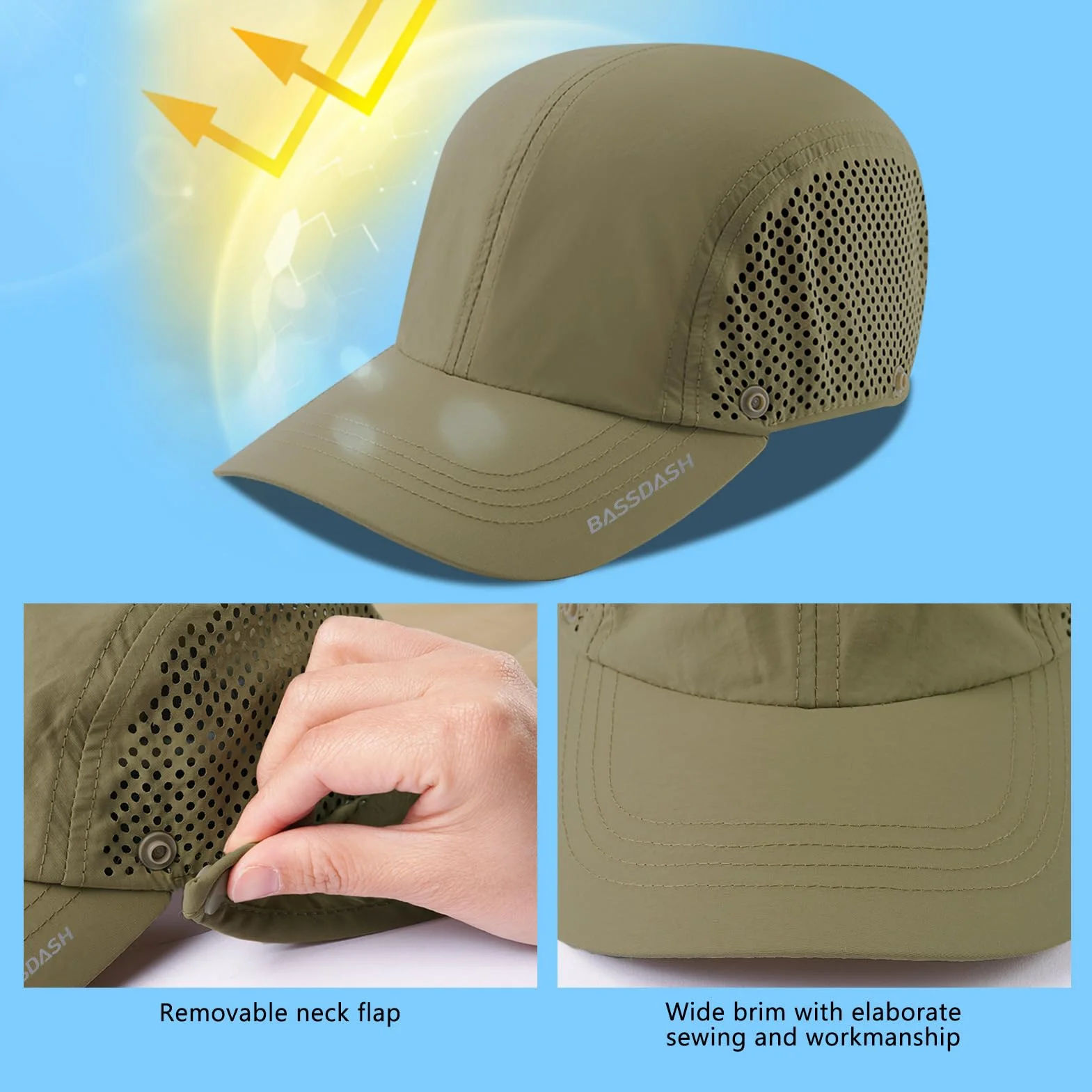 BASSDASH UPF 50+ składana czapka wędkarska czapka bejsbolówka ze zdejmowaną klapą na szyję przenośna dla mężczyzn kobiet golf piesze wycieczki