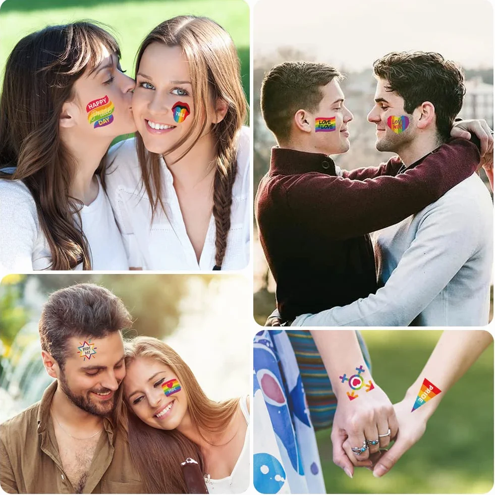 AOMIG 70+ stylów tatuaży z dumą, 10 dużych arkuszy tymczasowych tatuaży Gay Pride, wodoodporne naklejki z tatuażami LGBT Rainbow Flag na festiwale Pride dekoracje świąteczne