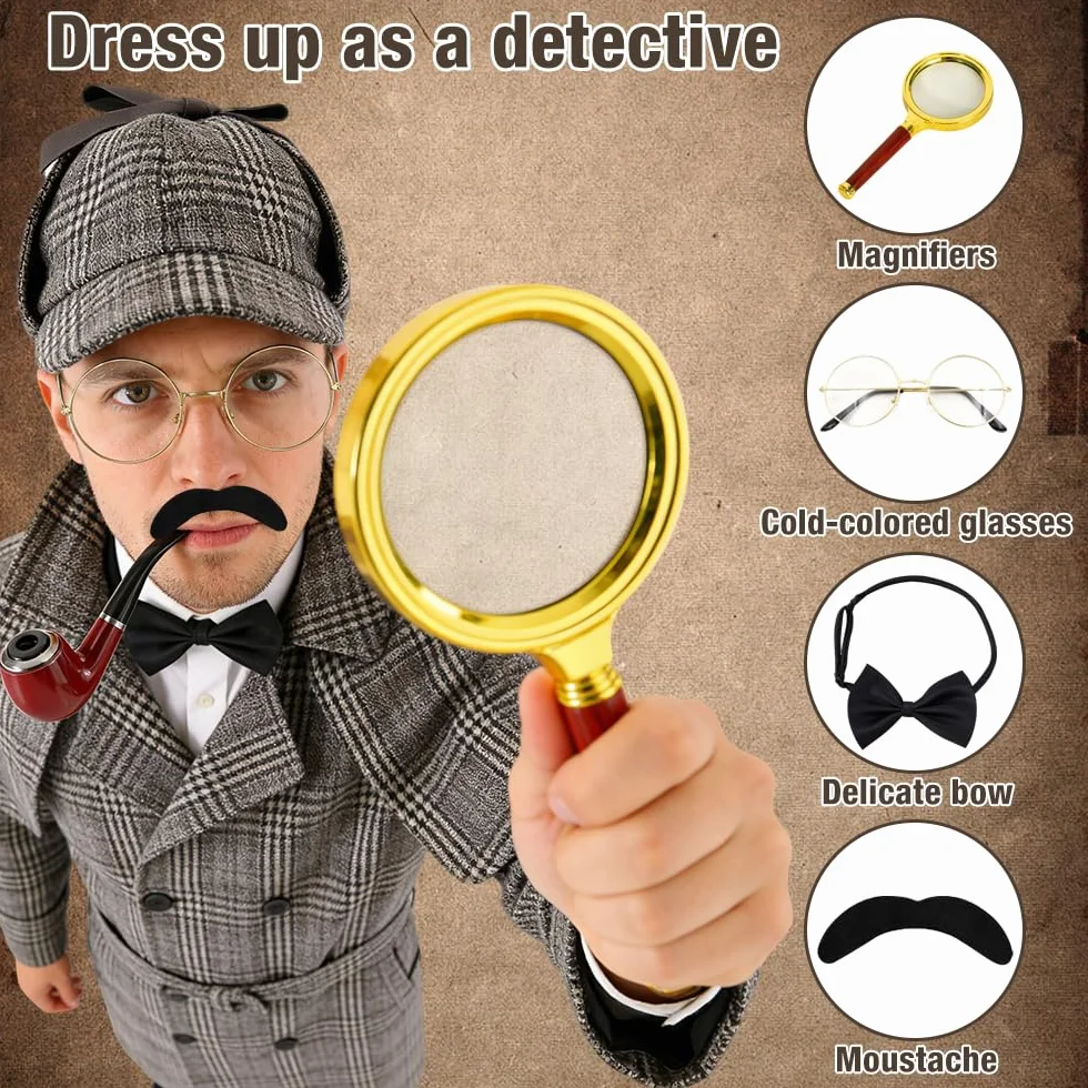 Zestaw akcesoriów do kostiumu detektywa, 7 sztuk, akcesoria do kostiumu Sherlock Holmes, z kapeluszem detektywistycznym, metalowe okulary, lupa, broda, detektywa, Cosplay, rekwizyty dla