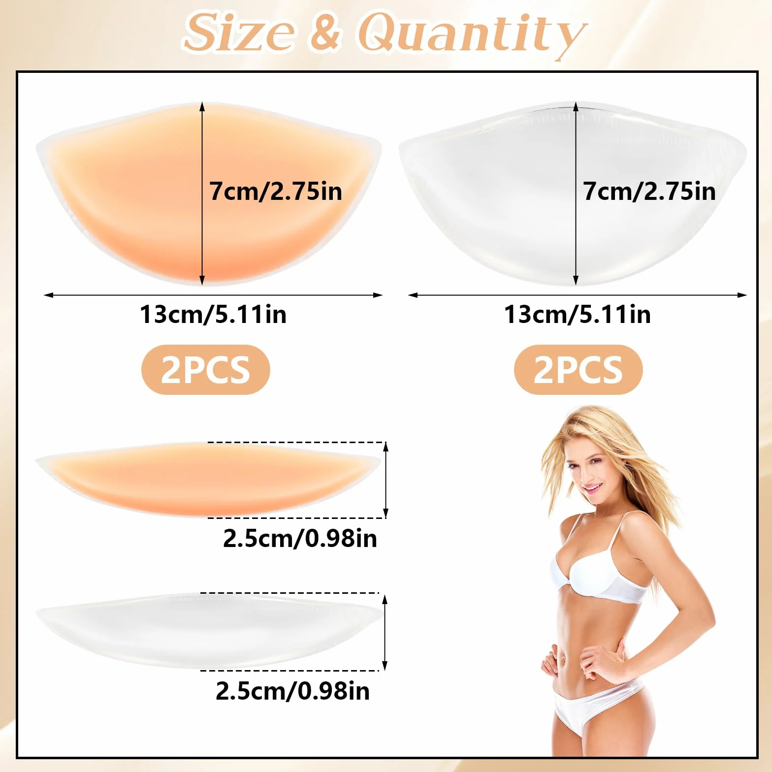 2 Pary Silikonowych Wkładek do Biustonosza, Wielokrotnego Użytku Wkładki do Bikini Push-up Wodoodporne, Wyjmowane Wkładki do Biustonosza, 2 Kolory Wkładek Push-up, do Bikini Sportowy