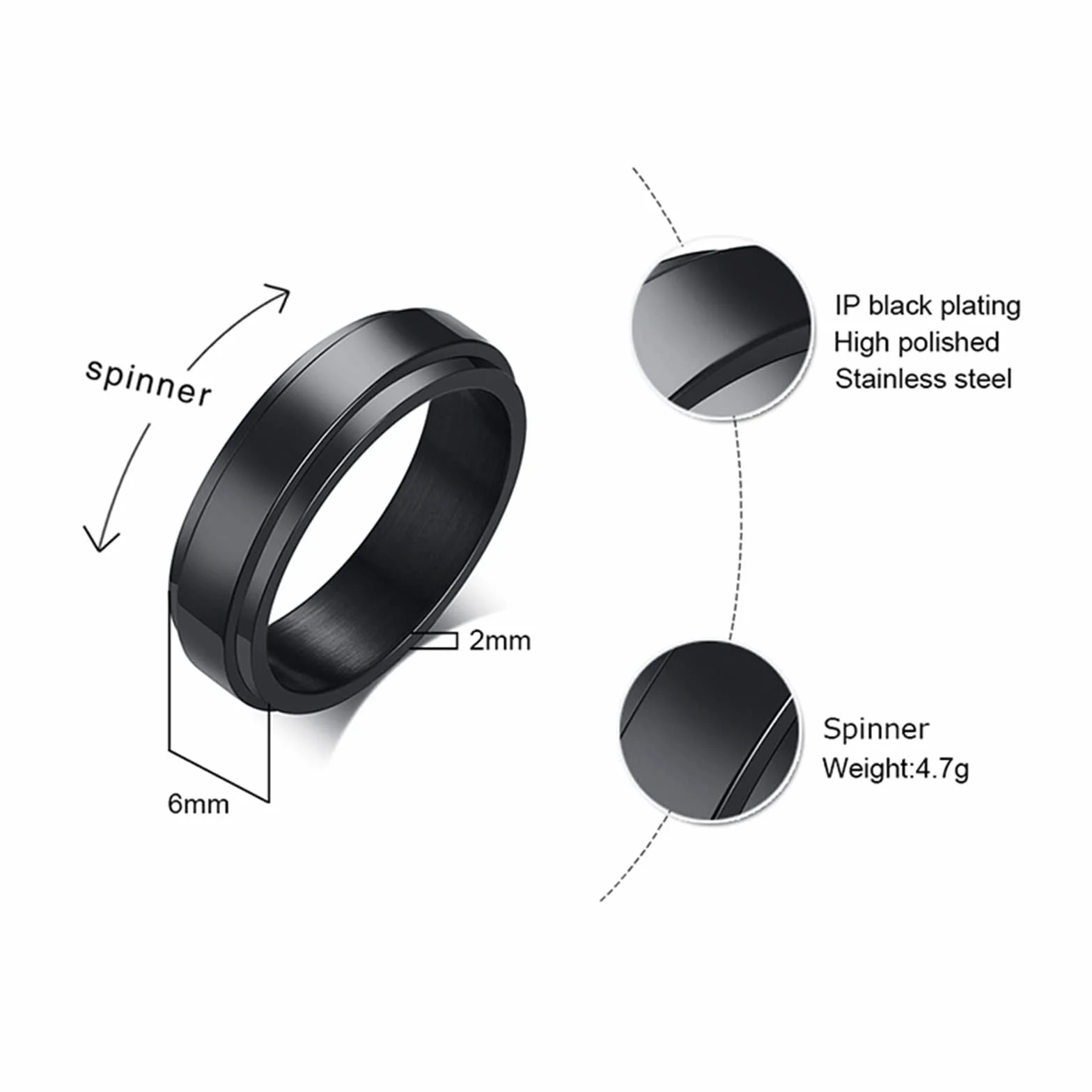 Epinki Pierścionek Fidget męski 6 mm, stal nierdzewna, srebrny/czarny/złoty/różowe złoto, pierścionek spinner, polerowany