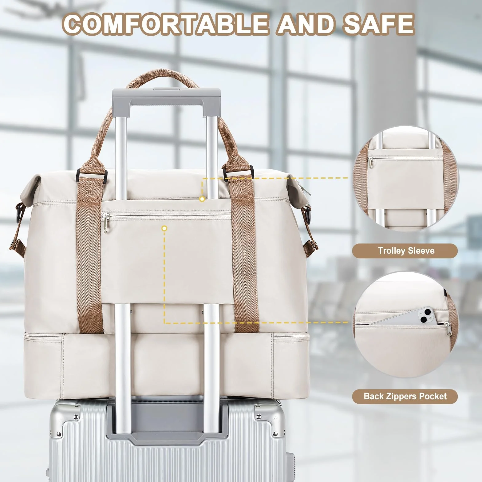 Torba Podróżna Damska 45x36x20 pour Easyjet Bagaż Podręczny Torba Kabinowa Torebka Weekendowa Sportowa dla Kobiet Meska z Przegródką na Buty Wasserdicht Torebka Treningowa,A01-Beżowy z Brązowym