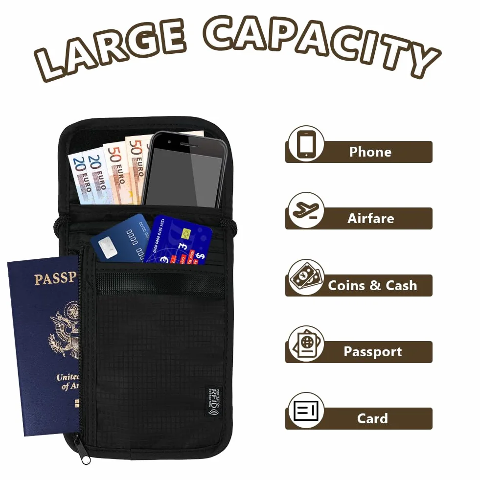 flintronic Podróżny portfel na szyję, etui na szyję z blokadą RFID, etui na paszport z regulowanym paskiem, portfel podróżny dla mężczyzn i kobiet, bezpieczny telefon na karty gotówkowe