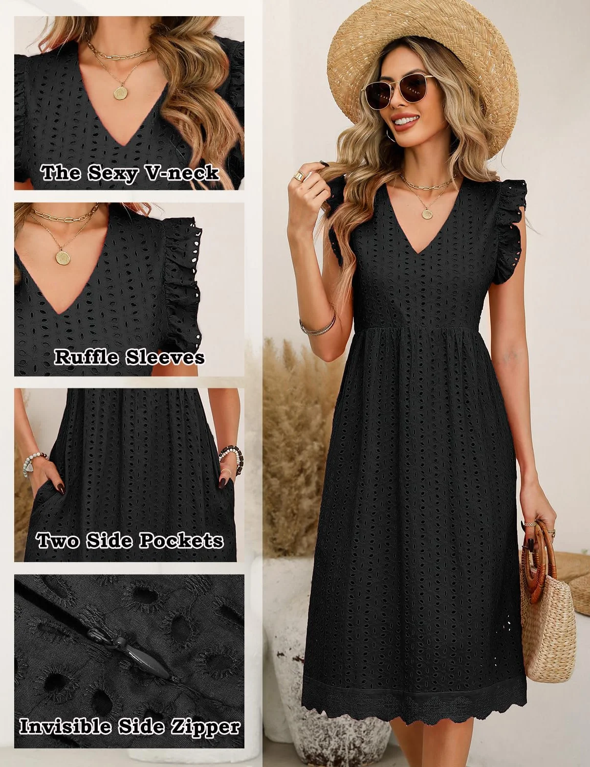 UMIPUBO Letnie sukienki damskie bawełna dekolt w serek midi sukienka bez rękawów z kieszeniami eleganckie boho sukienka plażowa na co dzień jednolite kolory letnie sukienki