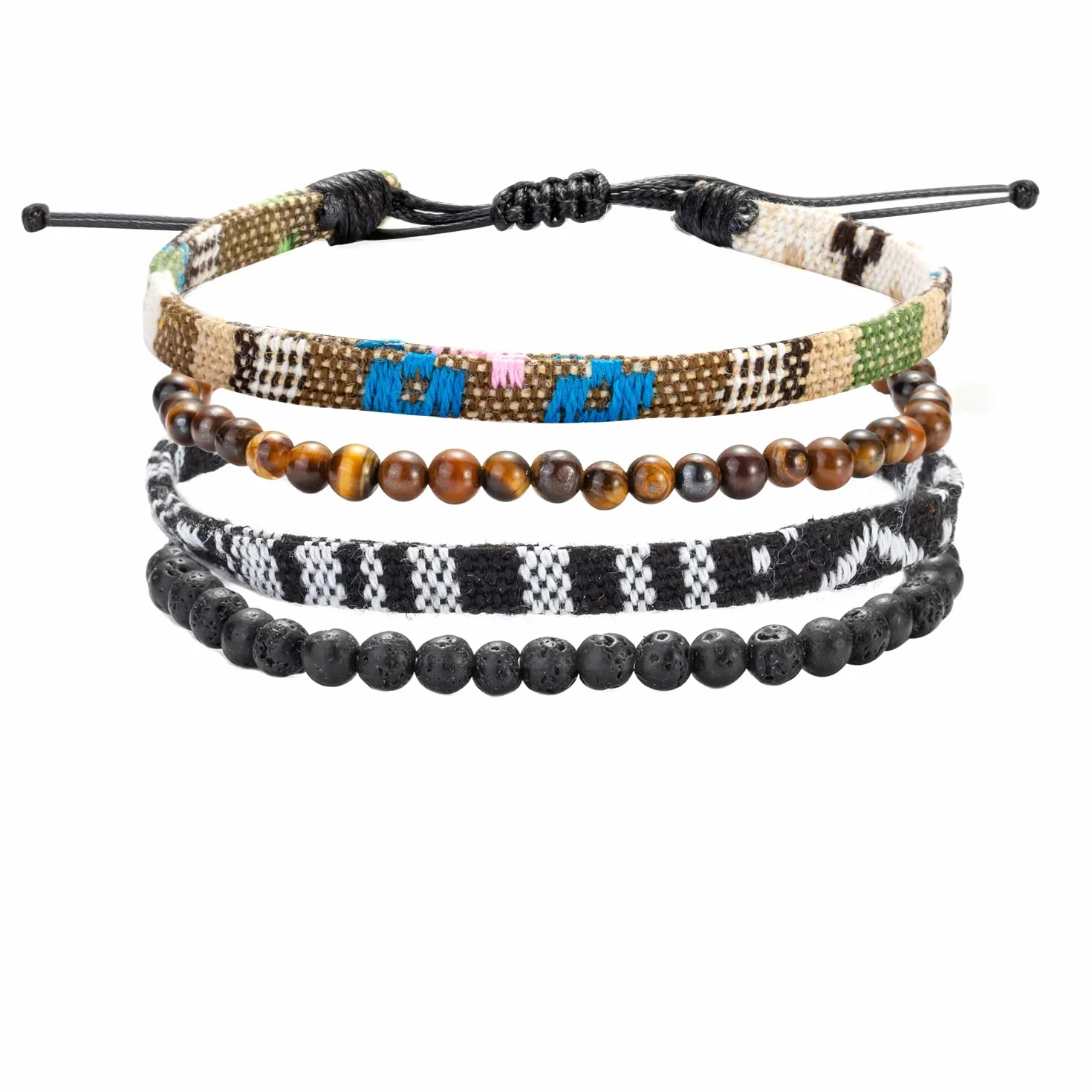 Zestaw 4 bransoletek w stylu boho dla surferów, kolorowe, w stylu etnicznym, pleciona tkanina, bransoletka plażowa, fajne tygrysie oko, wulkaniczne, koraliki, prezent dla mężczyzn i kobiet