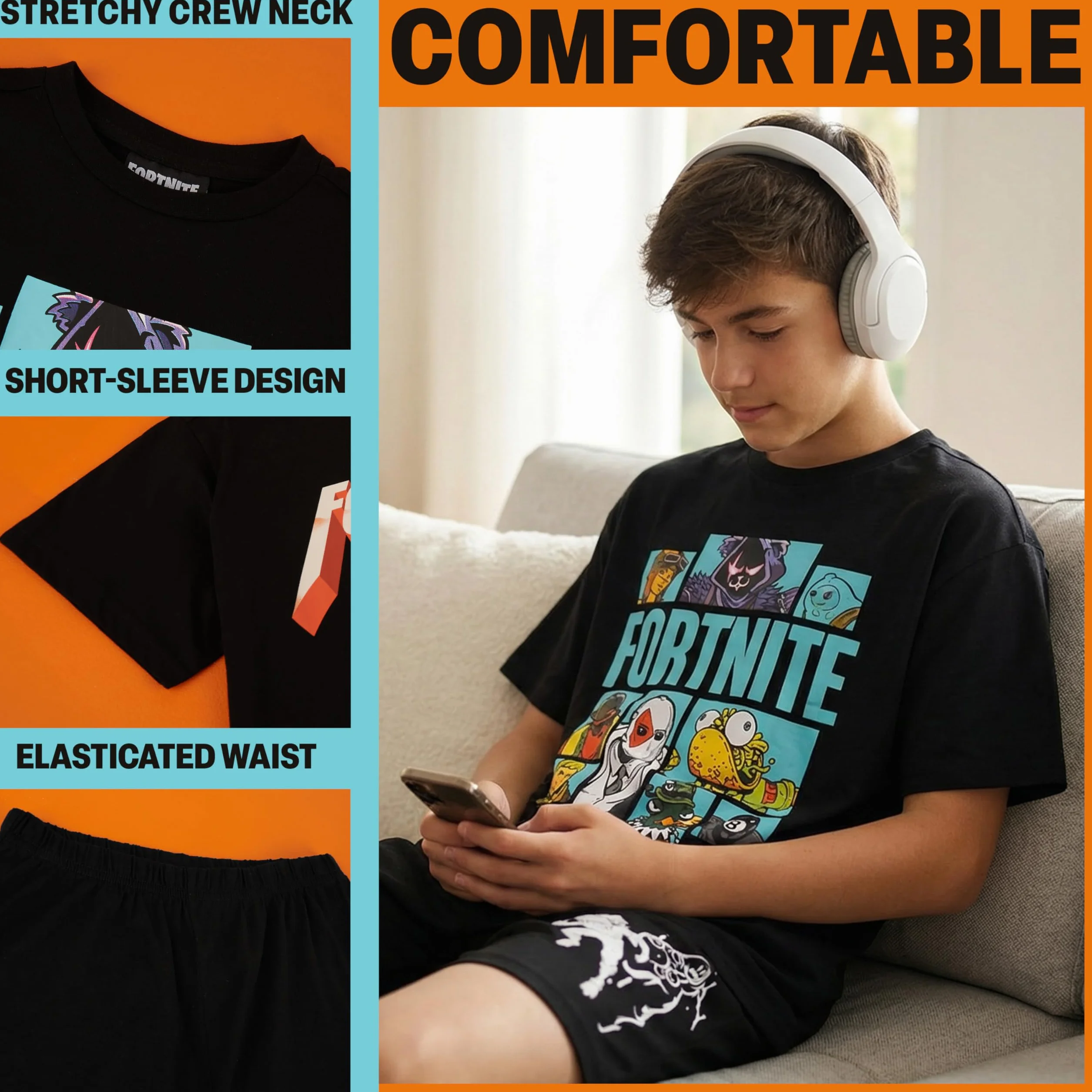 Fortnite Zestawy piżam dla chłopców, 1 lub 2 sztuki, bawełniane T-shirty z okrągłym dekoltem i krótkie spodnie piżamowe, miękka, oddychająca bielizna nocna, prezenty dla graczy