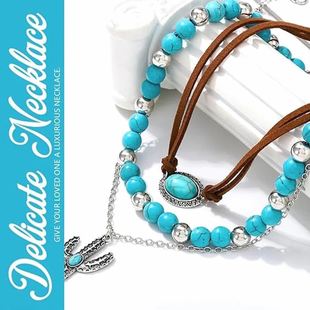Naszyjnik w stylu boho w kolorze turkusowym, srebrnymi perłami, choker, łańcuszek warstwowy, biżuteria dla kobiet