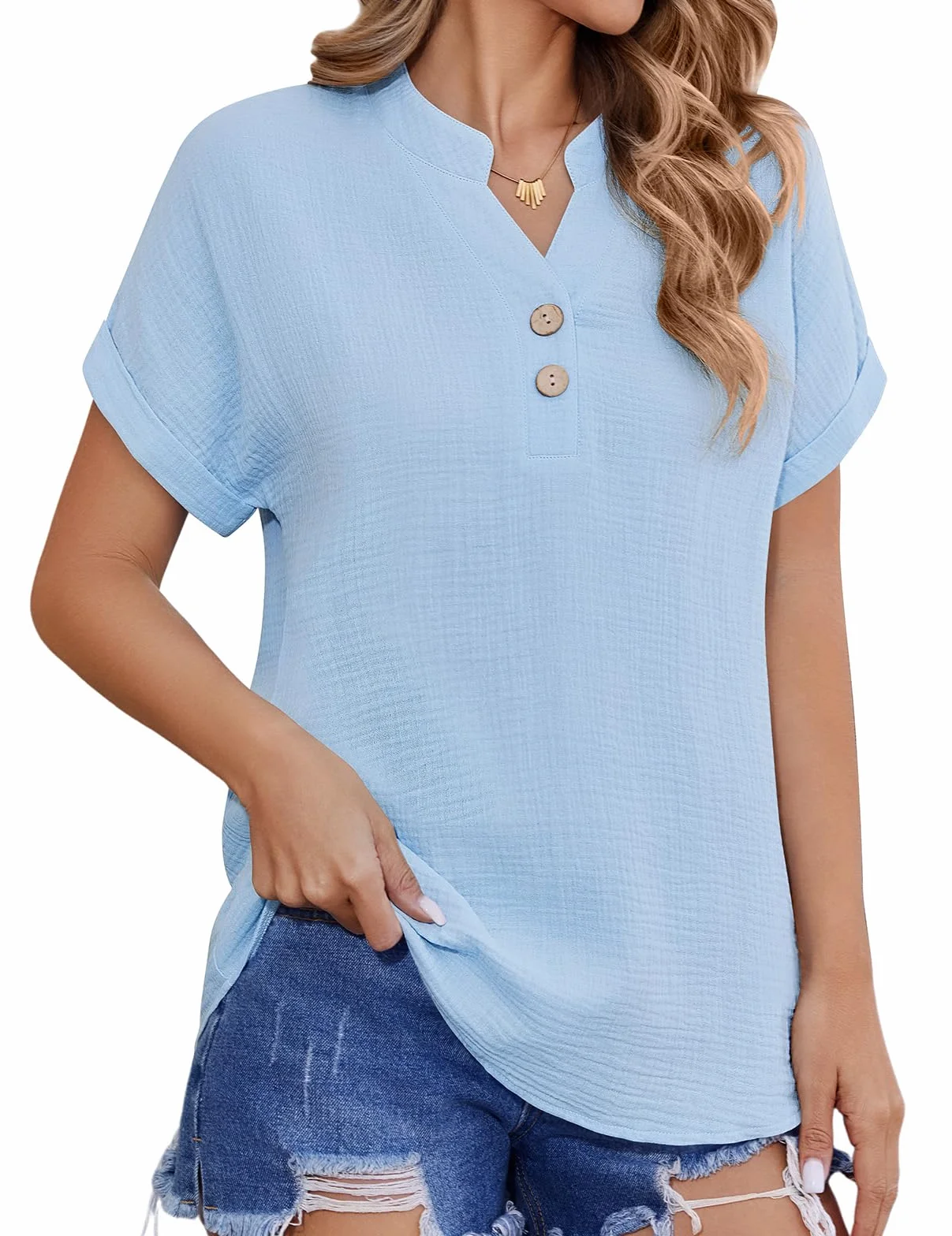 HEEKPEK Bluzka damska letnia muślinowa bluzka bawełniana z krótkim rękawem, elegancka bluzka koszulowa z dekoltem w serek, na guziki, koszulka basic, koszula, luźna tunika, top