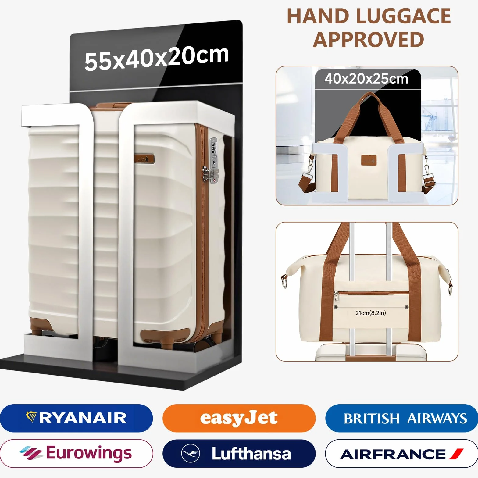 Sea choice Walizka kabinowa 20 cali 55x40x20 Walizki z twardej skorupy ABS z torbą kabinową Ryanair 40x20x25 Hamulec Ciche koło, zamek błyskawiczny TSA