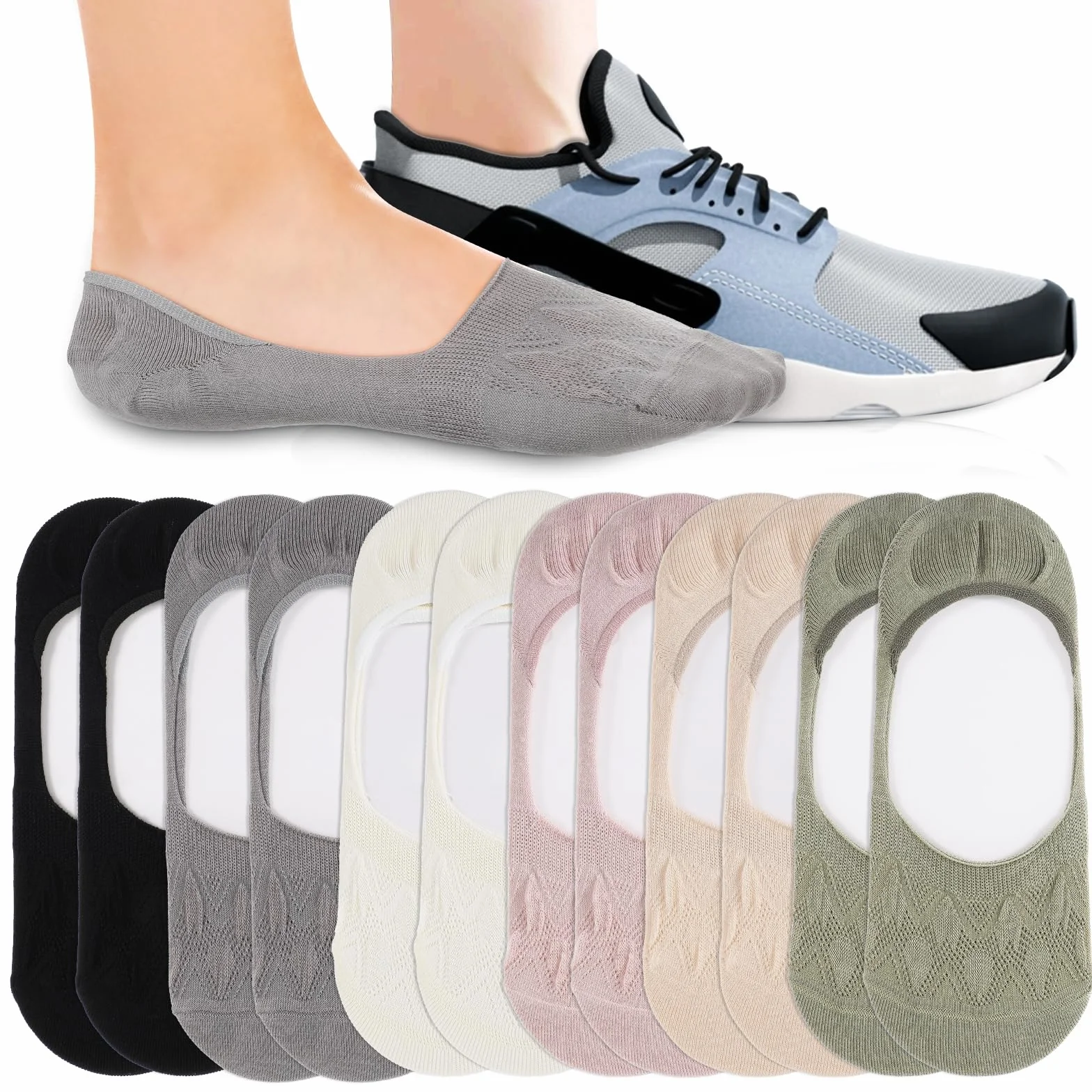 CIATBYYJ 6 par wielokolorowych skarpet damskich, bawełniane, silikonowe podkładki, niewidoczne, oddychające skarpety do sneakersów, antypoślizgowe, na lato, do mokasynów (36-40)