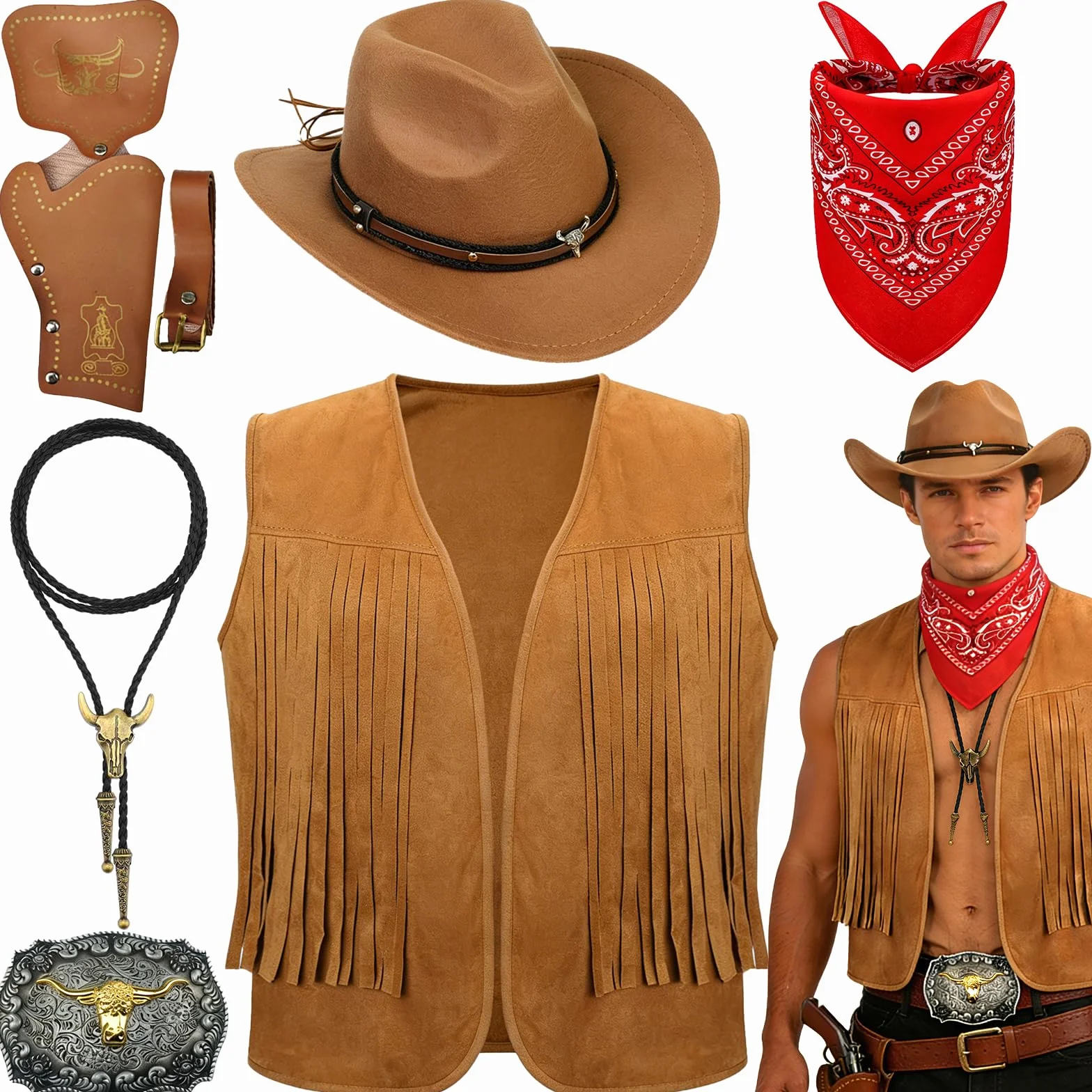 5-częściowy zestaw kostiumu kowbojskiego westernu, kostium kowbojski, fantazyjna sukienka z kamizelką, kapelusz z szerokim rondem, bandana, głowa byka, naszyjnik dla dorosłych mężczyzn, karnawał