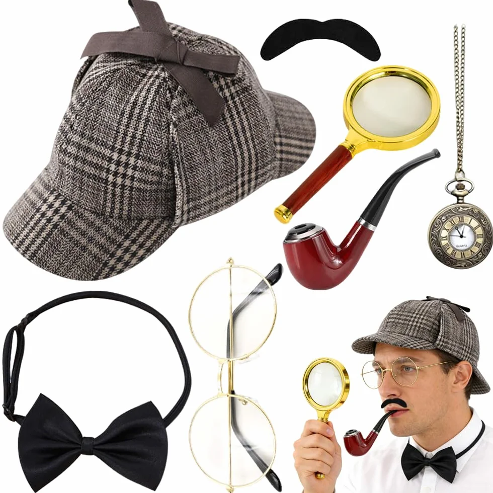Zestaw akcesoriów do kostiumu detektywa, 7 sztuk, akcesoria do kostiumu Sherlock Holmes, z kapeluszem detektywistycznym, metalowe okulary, lupa, broda, detektywa, Cosplay, rekwizyty dla