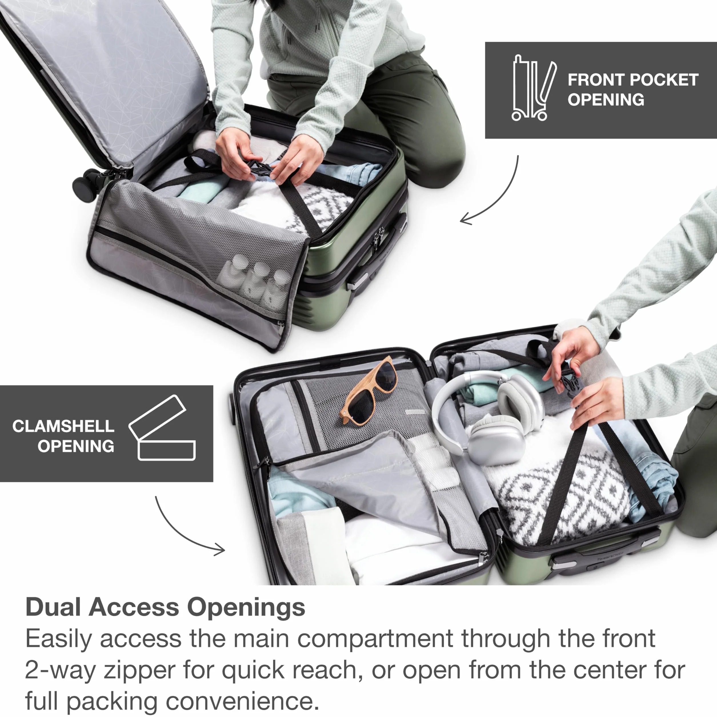 Traveler's Choice Przednia kieszeń poliwęglanowa Hardside Spinner Bagaż podręczny, zielony, podręczny 55 cm, przednia kieszeń Poliwęglan Hardside Spinner Bagaż podręczny, ZIELONY, Carry-On 22-Inch,