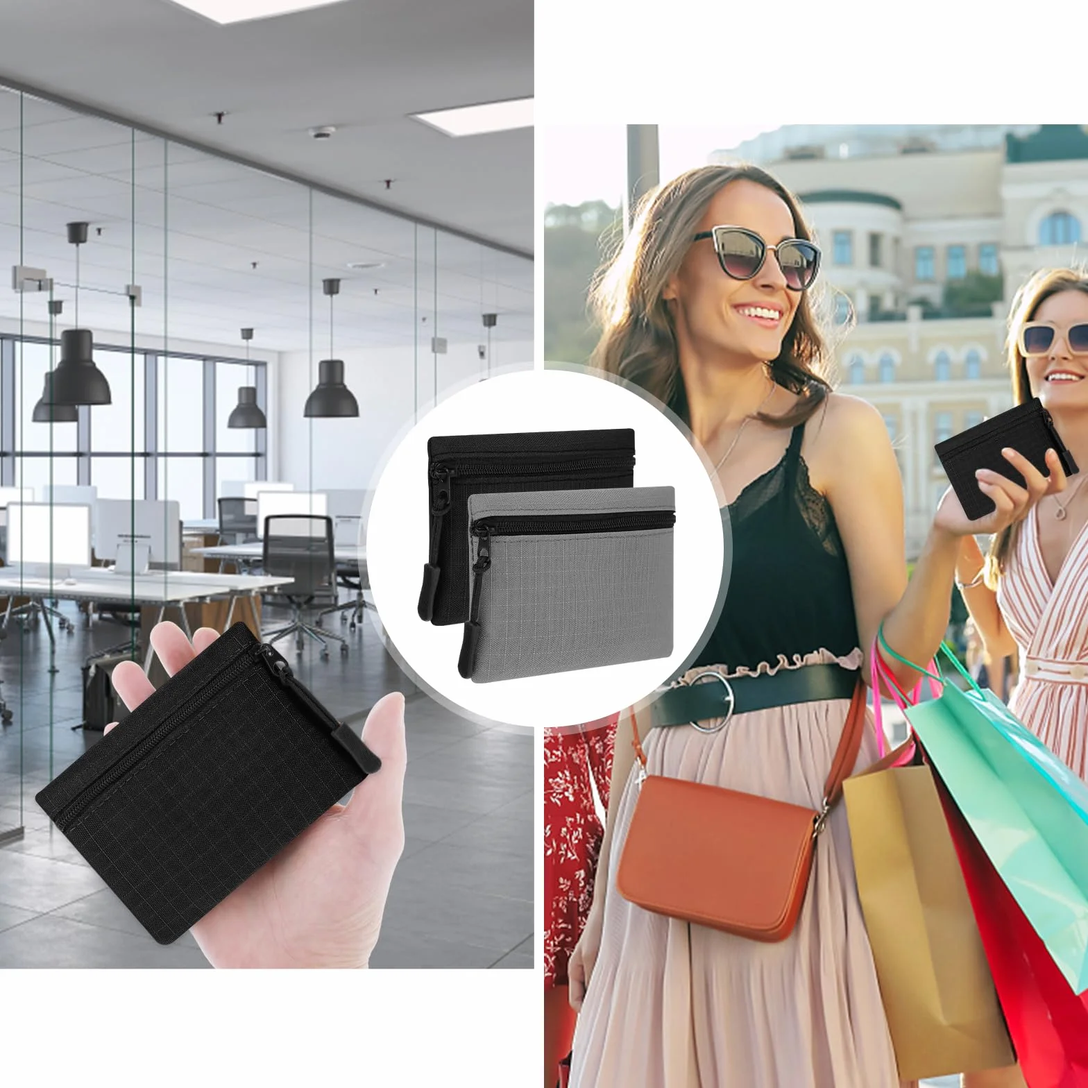2 szt. Portmonetka Saszetka, Mini Torba Mały Portfel na Karty Kredytowe Etui na Zamek Błyskawiczny, Smukły Organizer Biznesowy, Czarny i szary, S, Klasyczny