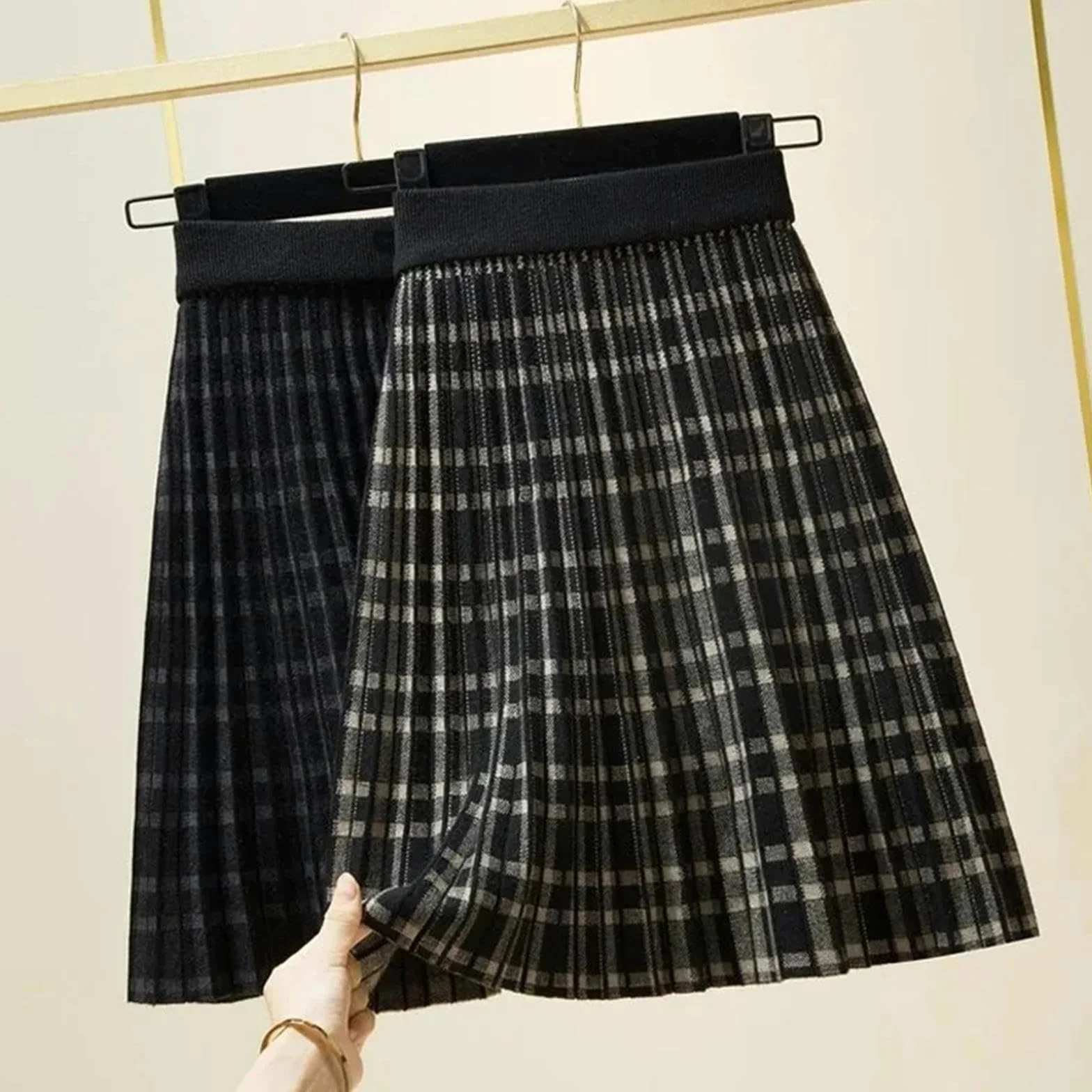MdybF Spódnice damskie, plisowane spódnice dla kobiet, vintage, w kratę, damskie spódnice dla kobiet, jesień, zima, wysoka talia, długie spódnice