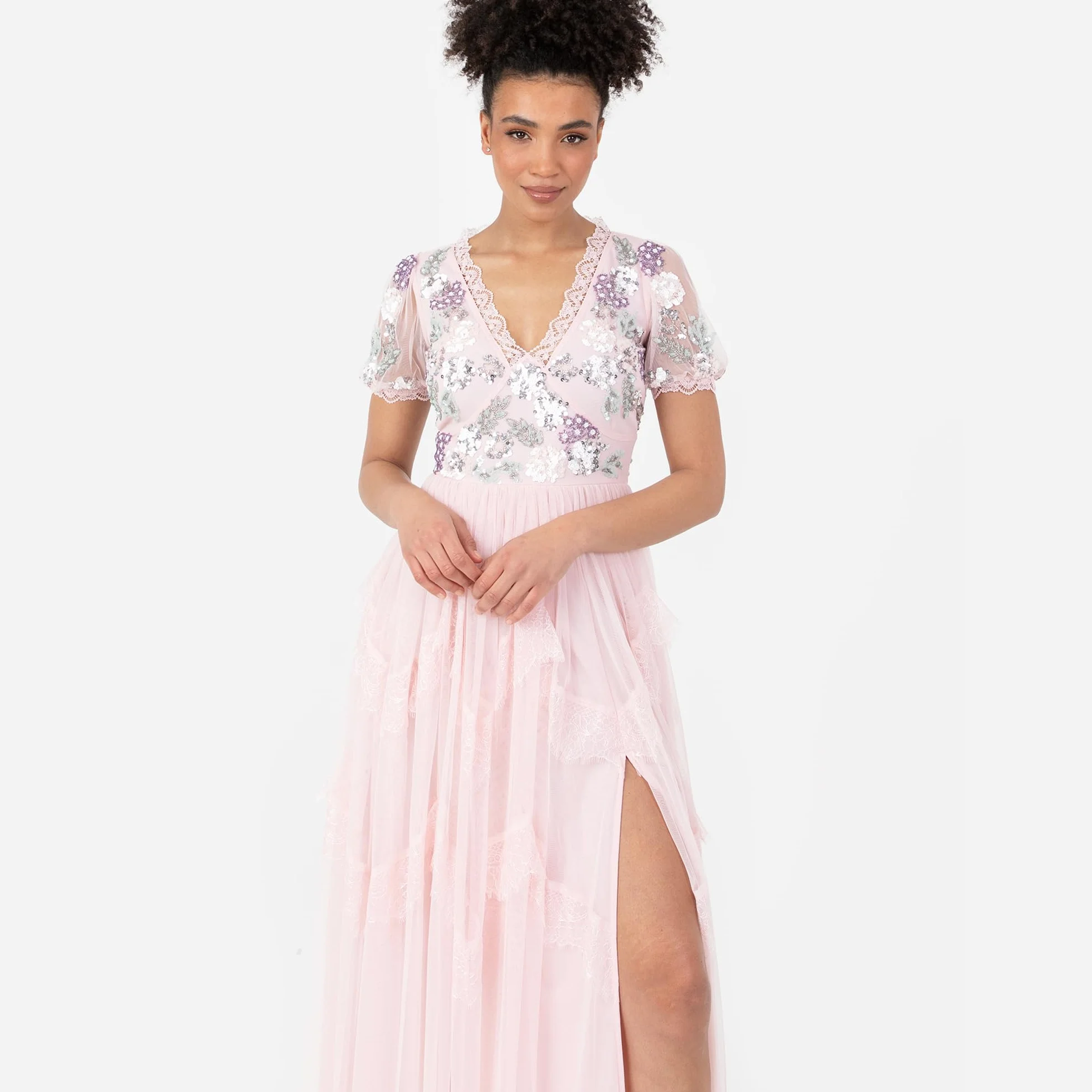 Maya Deluxe Damska sukienka maxi z krótkim rękawem z dekoltem w serek, wybijana koronka, tiulowa, rozcięta, linia A, dla panny młodej, różowa, 40, Crystal Pink, 40
