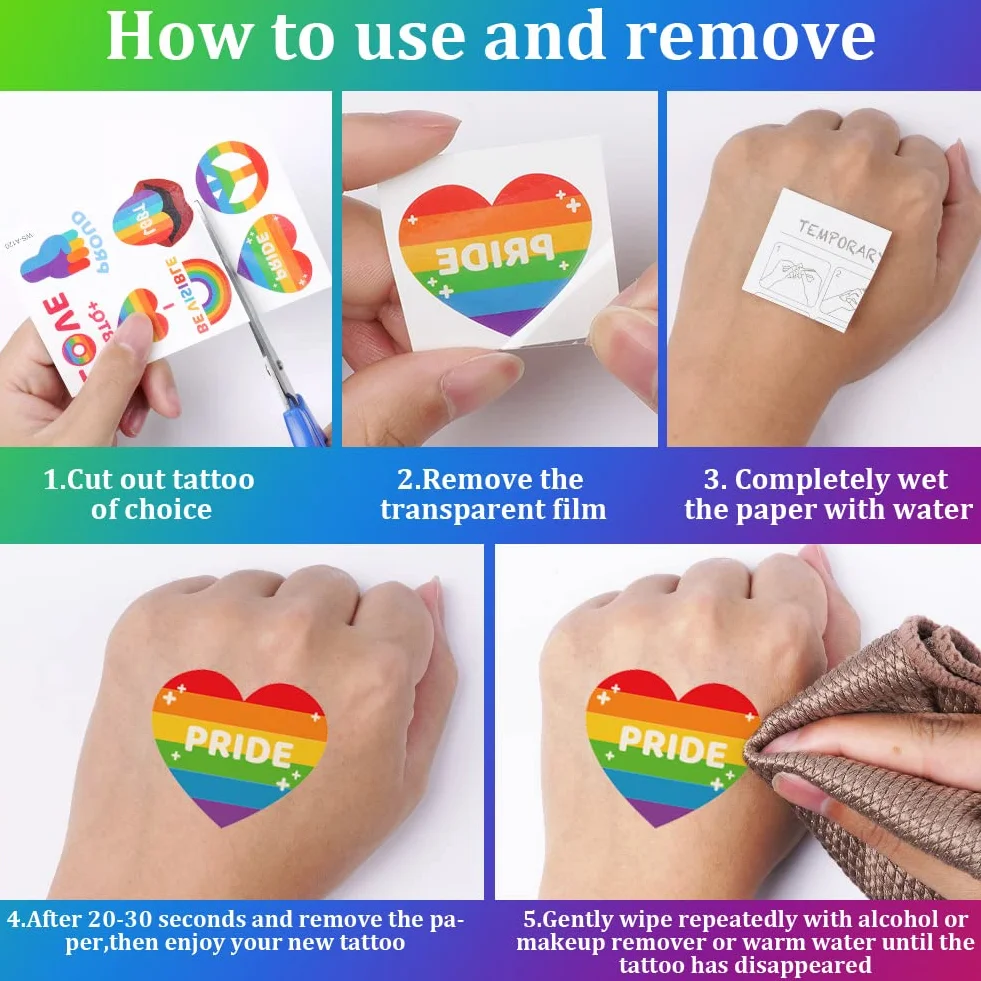 AOMIG 70+ stylów tatuaży z dumą, 10 dużych arkuszy tymczasowych tatuaży Gay Pride, wodoodporne naklejki z tatuażami LGBT Rainbow Flag na festiwale Pride dekoracje świąteczne