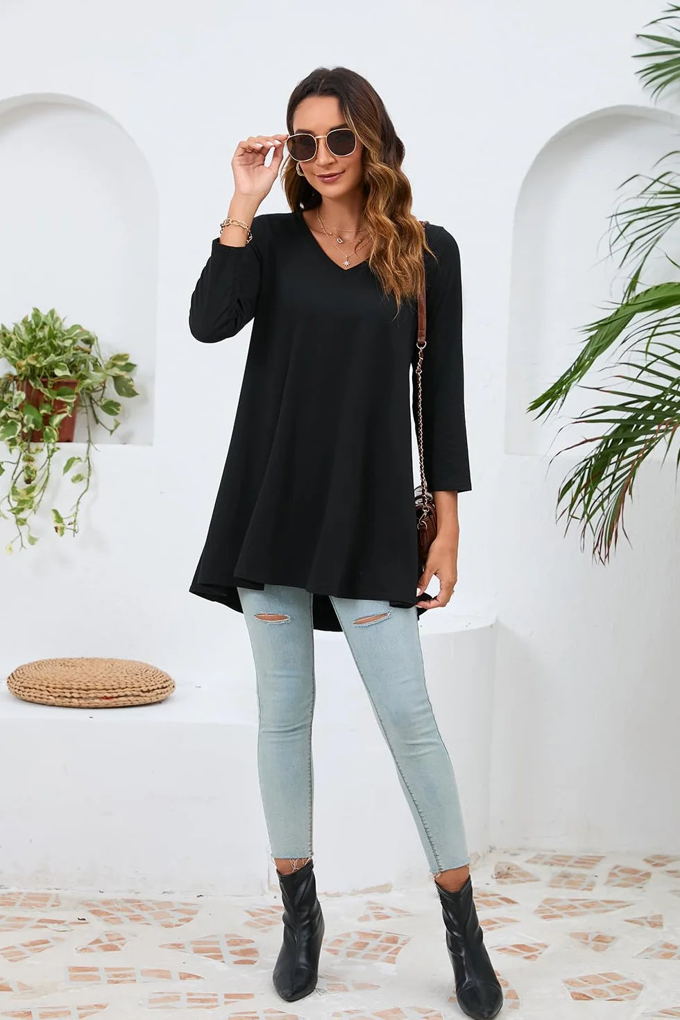 Enmain Koszula Damska Plus Size Tunika Bluzka Dekolt V 3/4 Długi Rękaw Elegancki Wygodny Codzienny Jednolity/Nadrukowany Dla Tuniki Kobiety