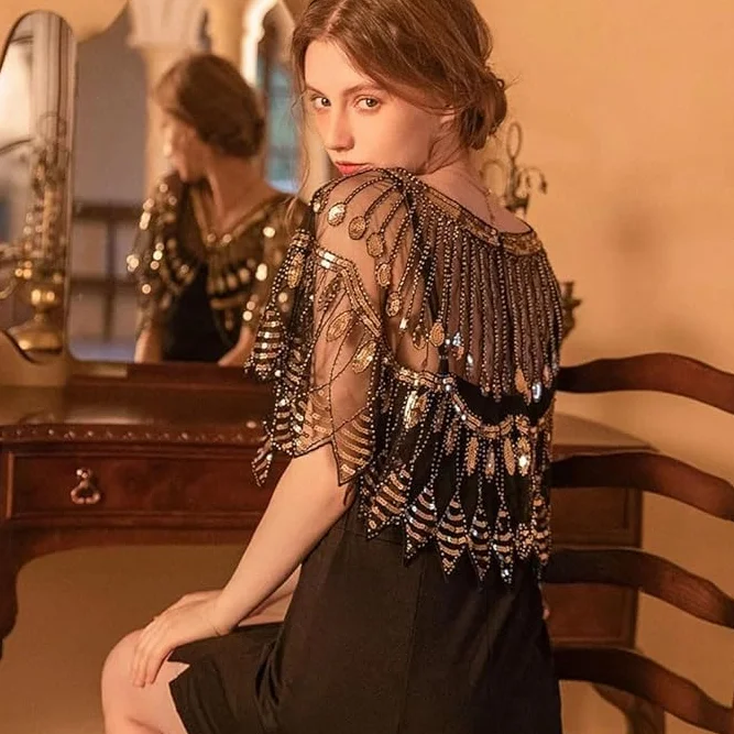 Damski wieczór cekinowy szal lata 20. sukienka vintage peleryna elegancki haft siatka kardigan trend okrycie akcesoria na imprezę studniówkę