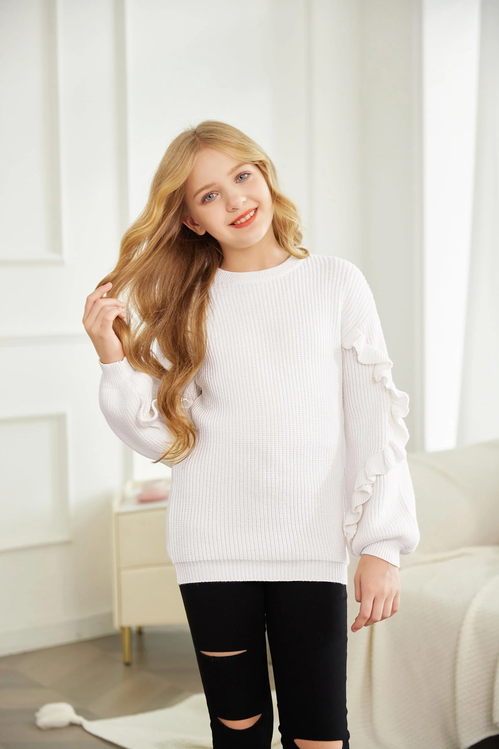 Arshiner Dziewczęcy sweter lampion rękaw dziecięcy dzianinowy ciepły sweter luźny okrągły dekolt sweter top zimowy z długim rękawem dla dziewcząt 7-14 lat