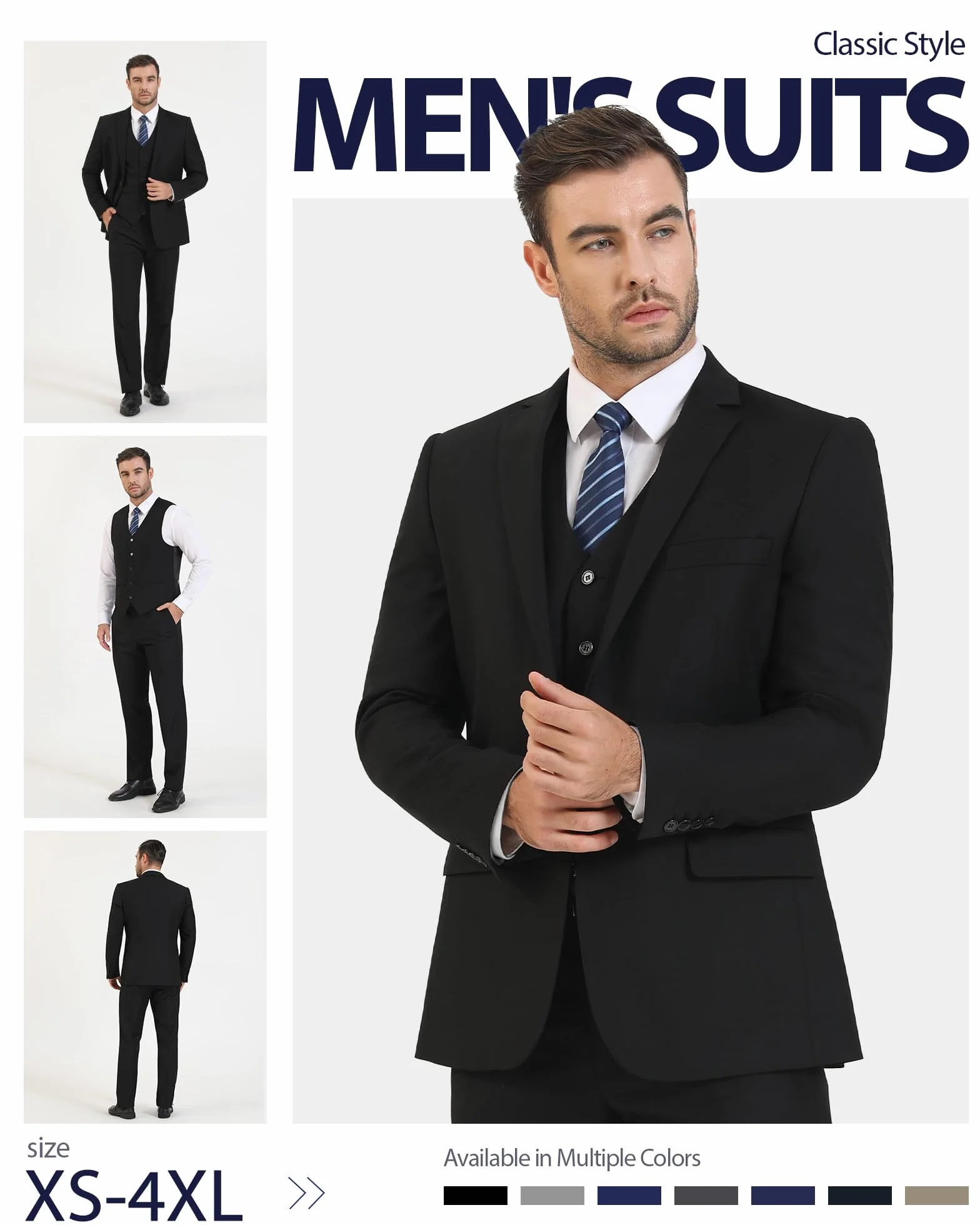 Cooper & Nelson Męski garnitur slim fit, 3-częściowe garnitury dla mężczyzn, jednokolorowa kurtka z jednym guzikiem, kamizelka spodnie z krawatem, zestaw smokingowy