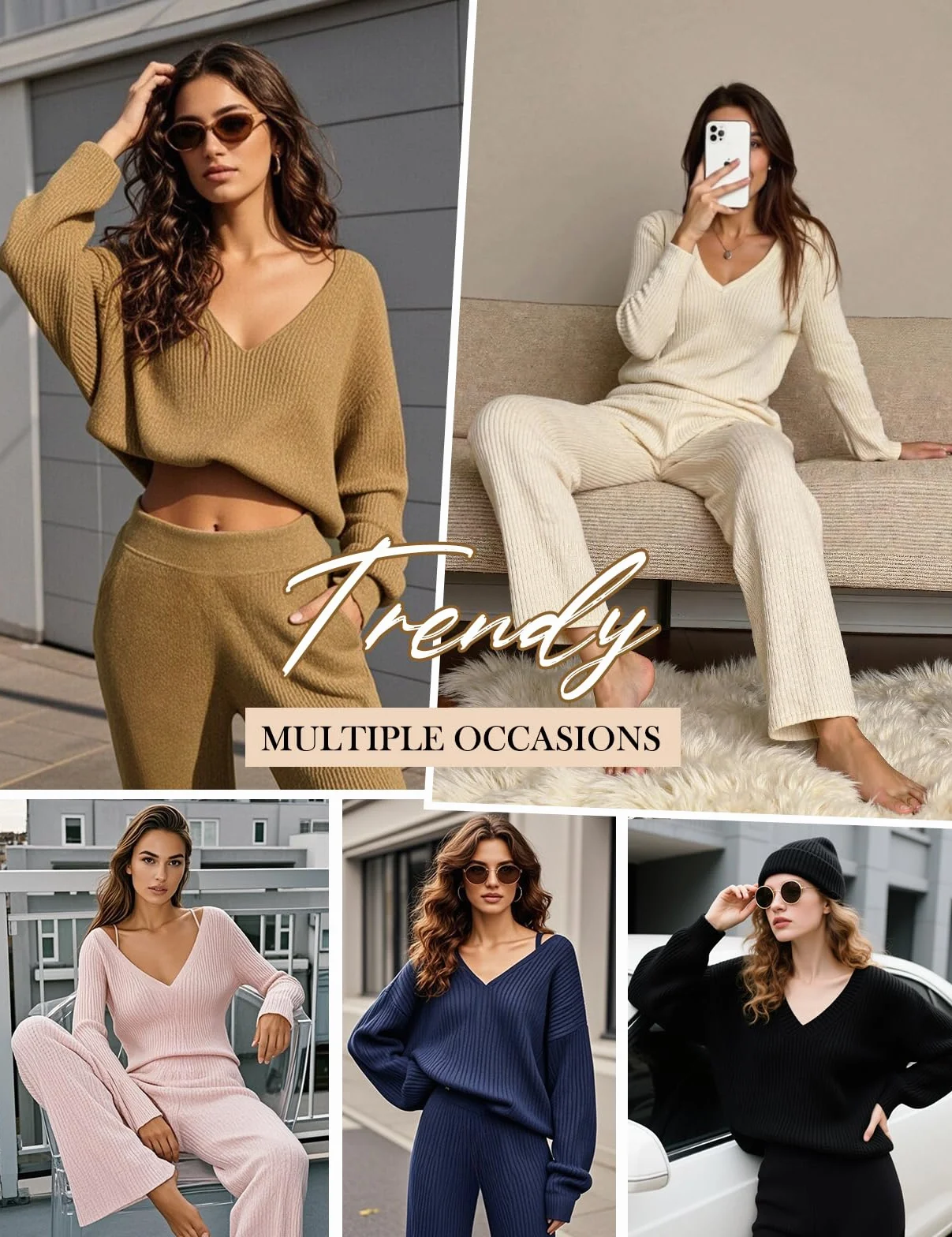 Dwuczęściowy damski elegancki strój domowy, przytulny, z długim rękawem, luźny dres treningowy, zestaw wypoczynkowy, prążkowany, dekolt w serek, 2-częściowy strój rekreacyjny z swetrem z