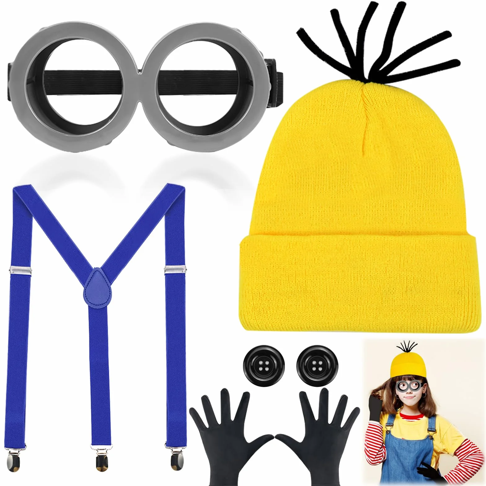 5 SZT. Żółty zestaw kostiumów na cosplay, kostiumy na Halloween dla dorosłych i dzieci, 1 okulary żółte 1 czapka 1 czarne rękawiczki, akcesoria kostiumowe na Halloween, karnawał, filmowy