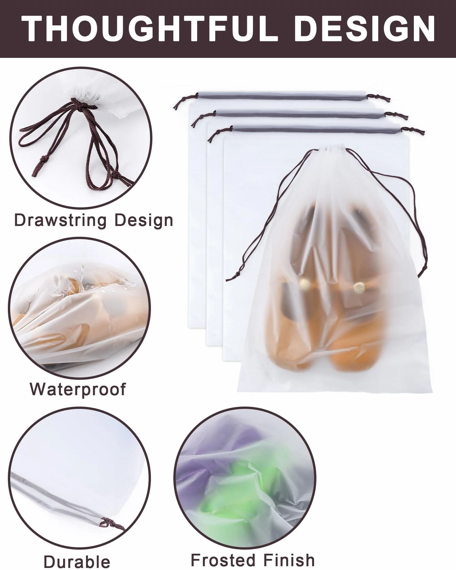 Worki na Buty do Podróży, 8 Sztuk Organizer do Butów do Walizki Wodoodporny ze Ściągaczem, 30x40cm Przezroczyste Woreczki na Buty, Dom i Siłownia, z 1 Etykietami