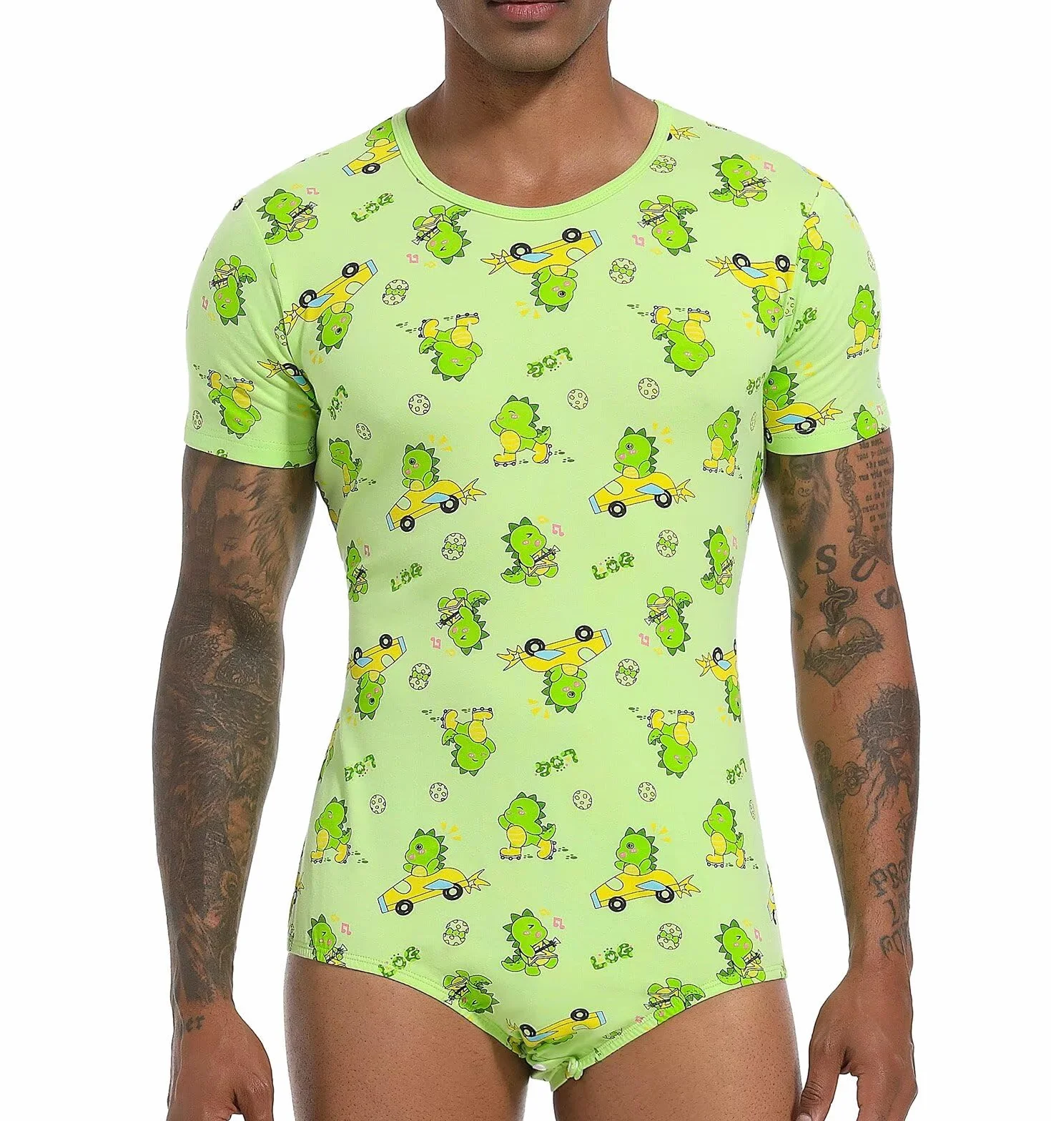 Landofgenie Onesie Mężczyźni Krótki Rękaw Bodysuit One Piece Pidżama Rompers Dinosaur Rudy