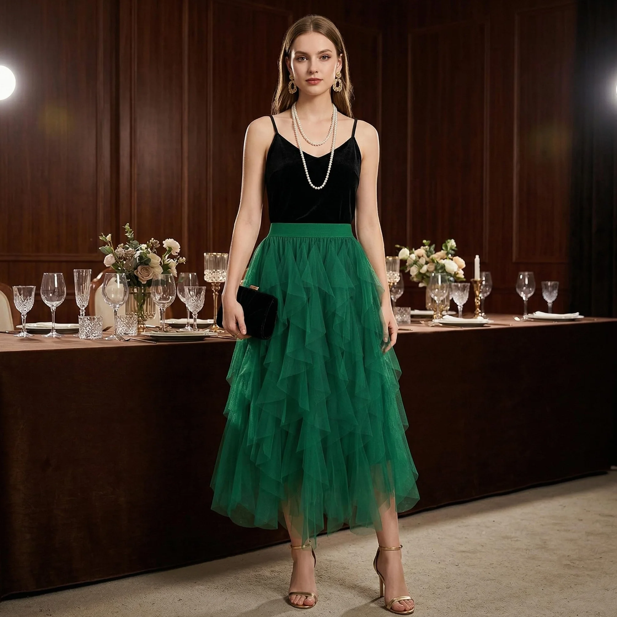 WERFORU Damska spódnica tiulowa, elastyczna talia, spódnica midi High Low Layered Puffy Fee spódniczka tutu