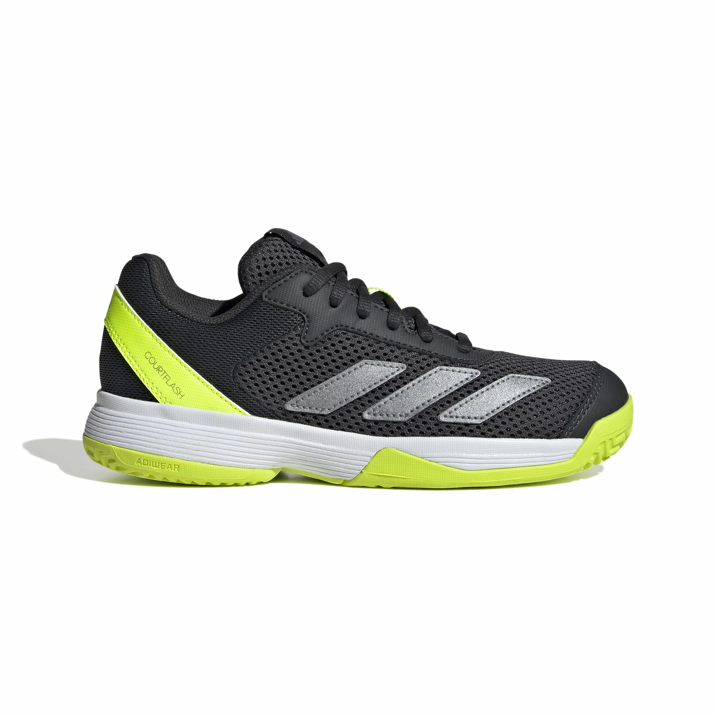 adidas Uniseks - dzieci Courtflash Kids Tennis Shoes, Carbon/Iron Metallic/Lucid Lemon, 34 EU
