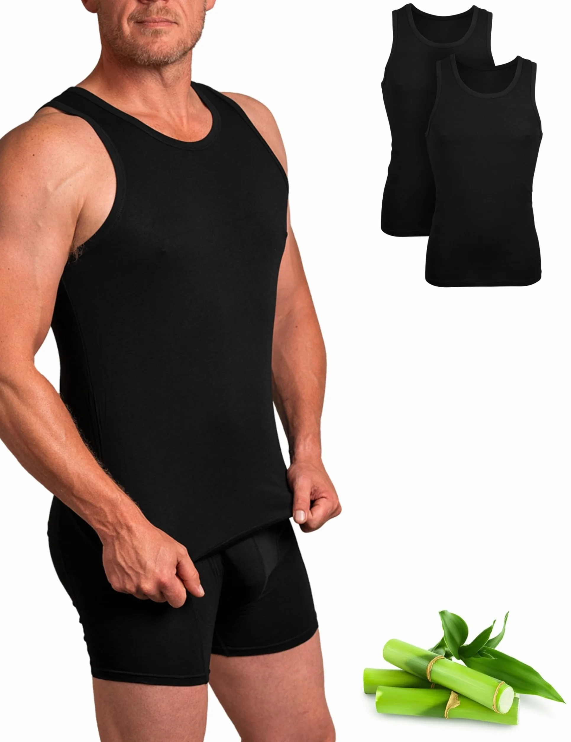 Basic Treasure 2-pak podkoszulek męski, tank top męski, bardzo miękki bambus bawełna, podkoszulki męskie czarne lub białe, czarny, M