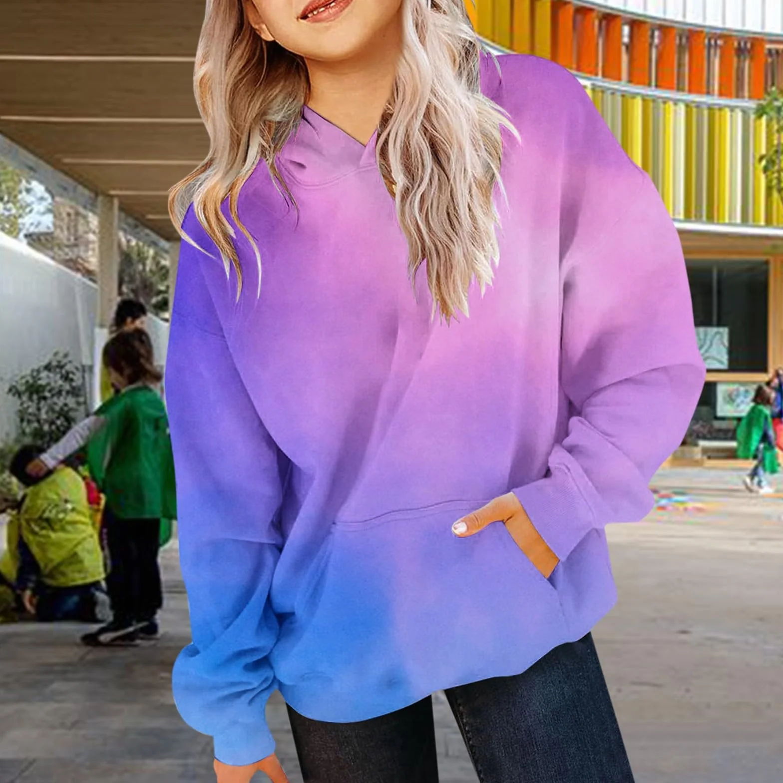 Bluzy z kapturem dla dziewcząt gradient modny sweter z kapturem Tie Dye długi rękaw okrągły dekolt bluza dzieci na co dzień moda oversize sweter