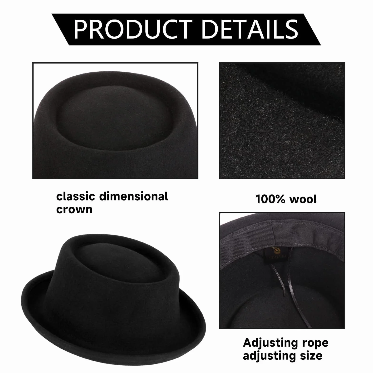 GEMVIE Klasyczny Unisexowy Kapelusz Pork Pie - 100% Wełna, Felt Fedora, Stylowy Trilby, Tradycyjny Fason