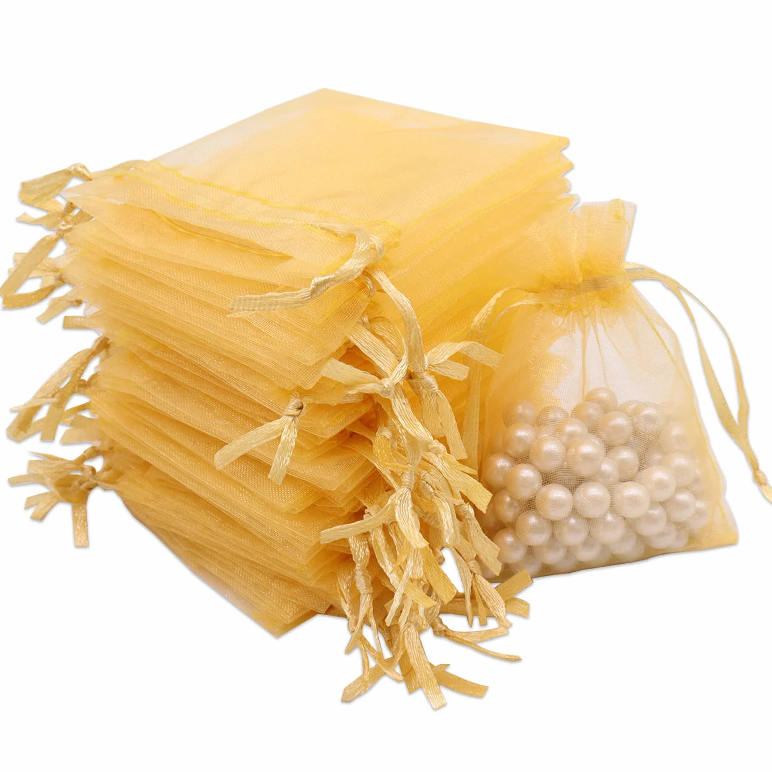 Leeyunbee 100 szt. Złote woreczki z organzy 7 x 9 cm woreczki z organzy, woreczki, na prezent, biżuteria, ślubne torebki na cukierki, na imprezę festiwalową i wesele, satynowy sznurek