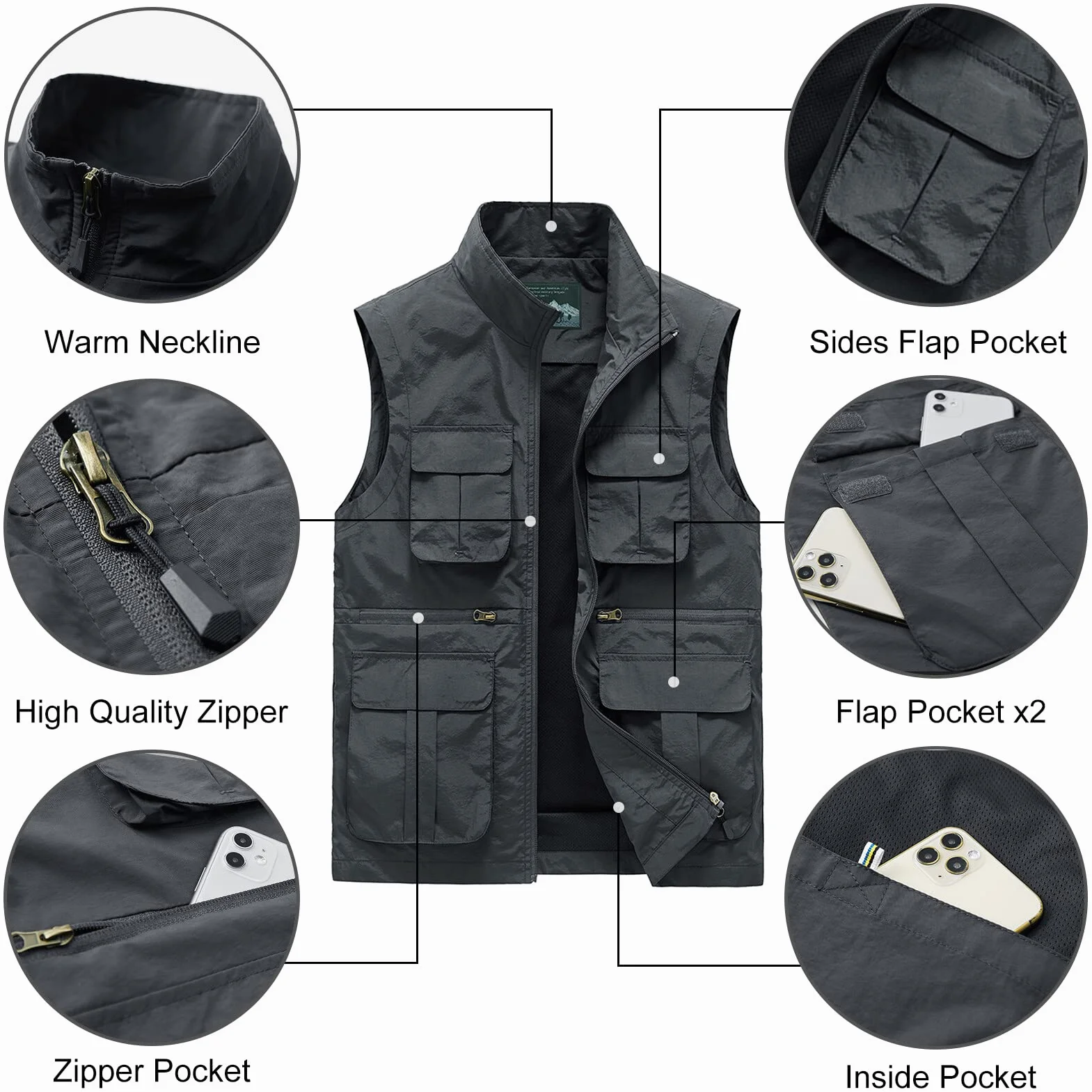 Kamizelka męska, outdoorowa, wodoszczelna, softshell bez rękawów, kamizelka z zamkiem błyskawicznym, kamizelka softshellowa, wędkarstwo, fotografia, sport, lato, XS-6XL