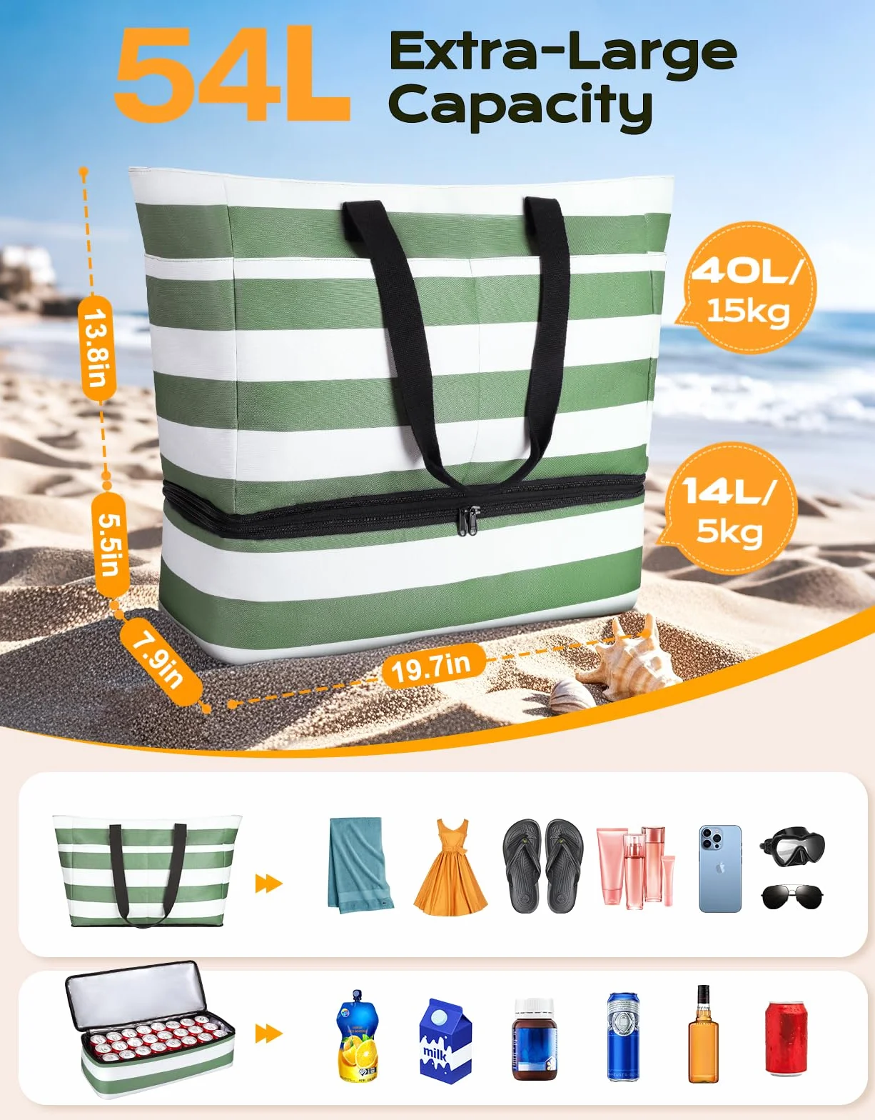 CIRYCASE Duża torba plażowa XXL z izolowaną chłodziarką, 54L wodoodporna składana torba plażowa dla kobiet/rodziny, przegroda na rzeczy suche i mokre oraz zapięcie na zamek błyskawiczny