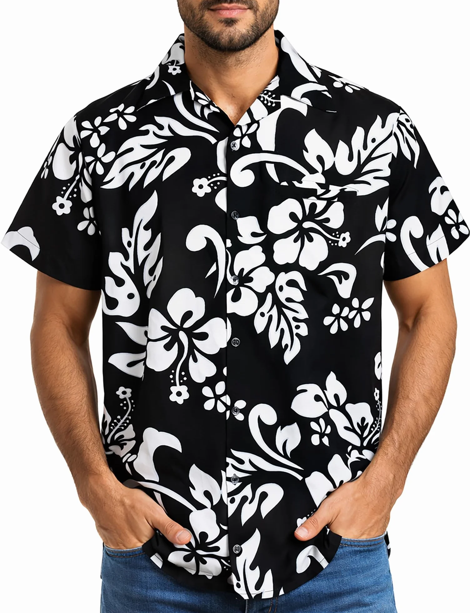 King Kameha Koszula hawajska męska Funky Casual kołnierz, kieszeń na piersi, uniseks, krótki rękaw, hibiskus, czarny i biały, 4XL