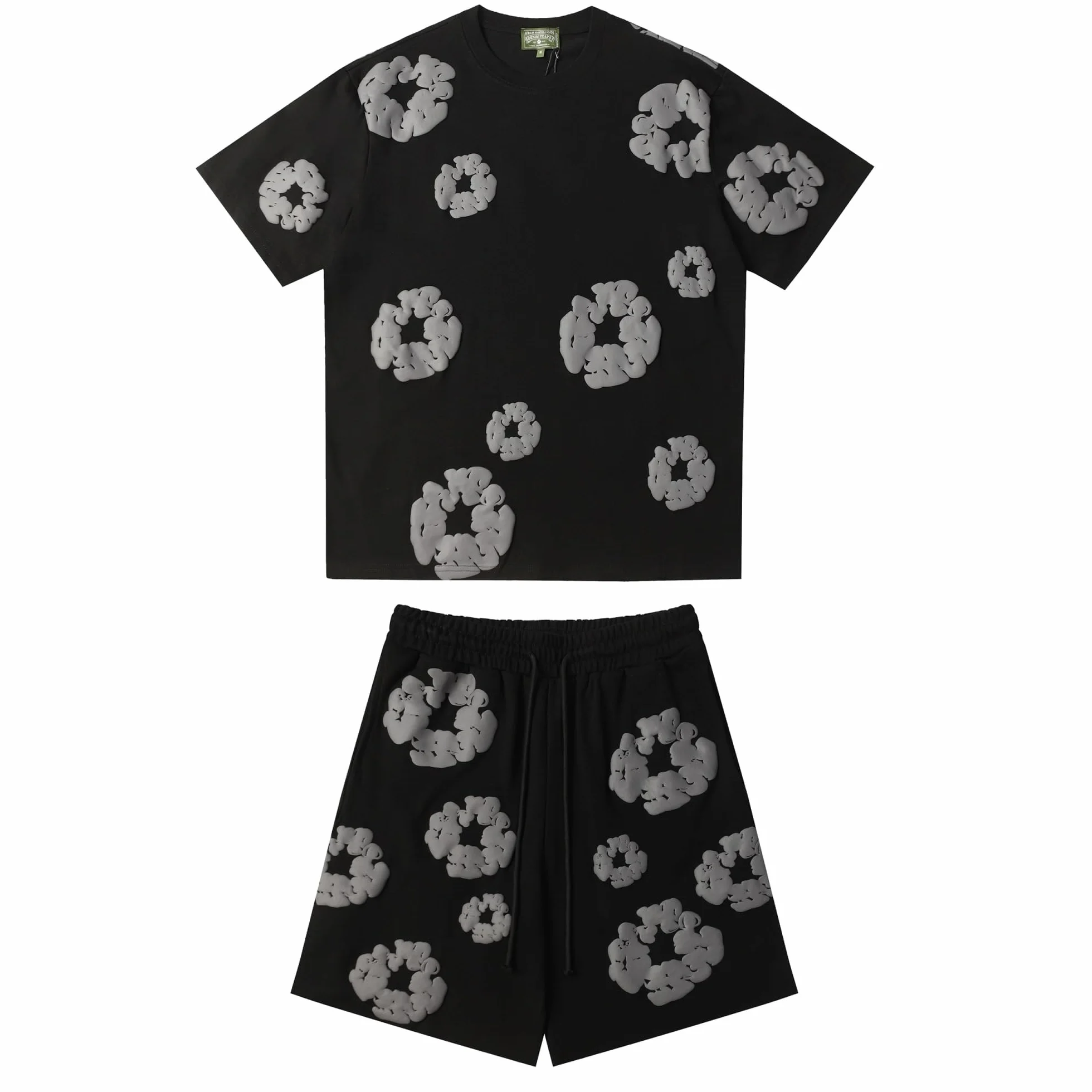 Dżinsowy uroczy dres z grafiką unisex, nadruk piankowy, Y2K Hip Hop letnie łzy zestaw szortów z krótkim rękawem - oddychający, szybkoschnący, modny, sportowy i swobodny dwuczęściowy zestaw