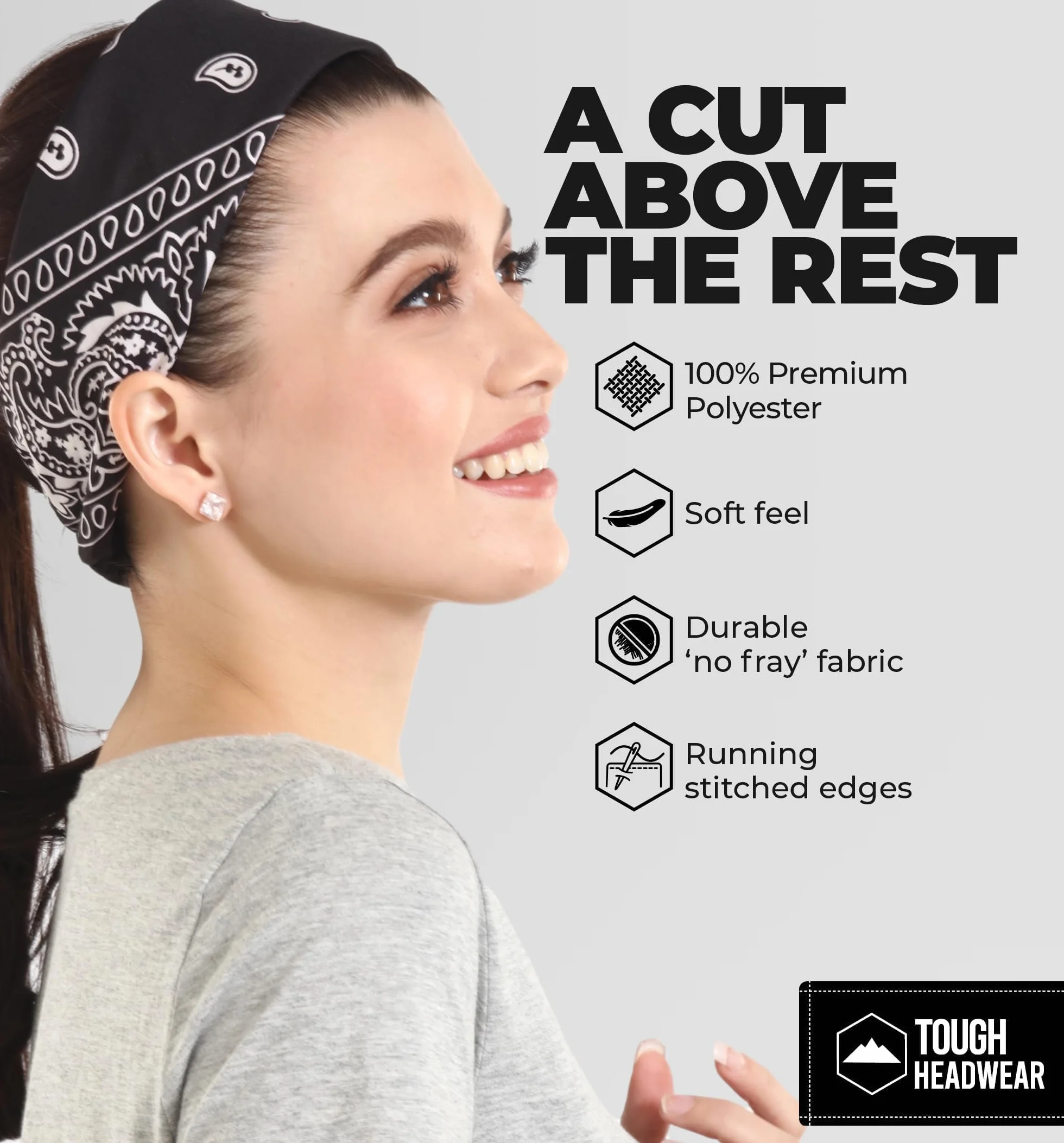 Tough Headwear Duża bandana opaska na głowę - chustka bandany dla kobiet i mężczyzn - szalik kowbojski i opakowanie Durag, Blk, rozmiar uniwersalny